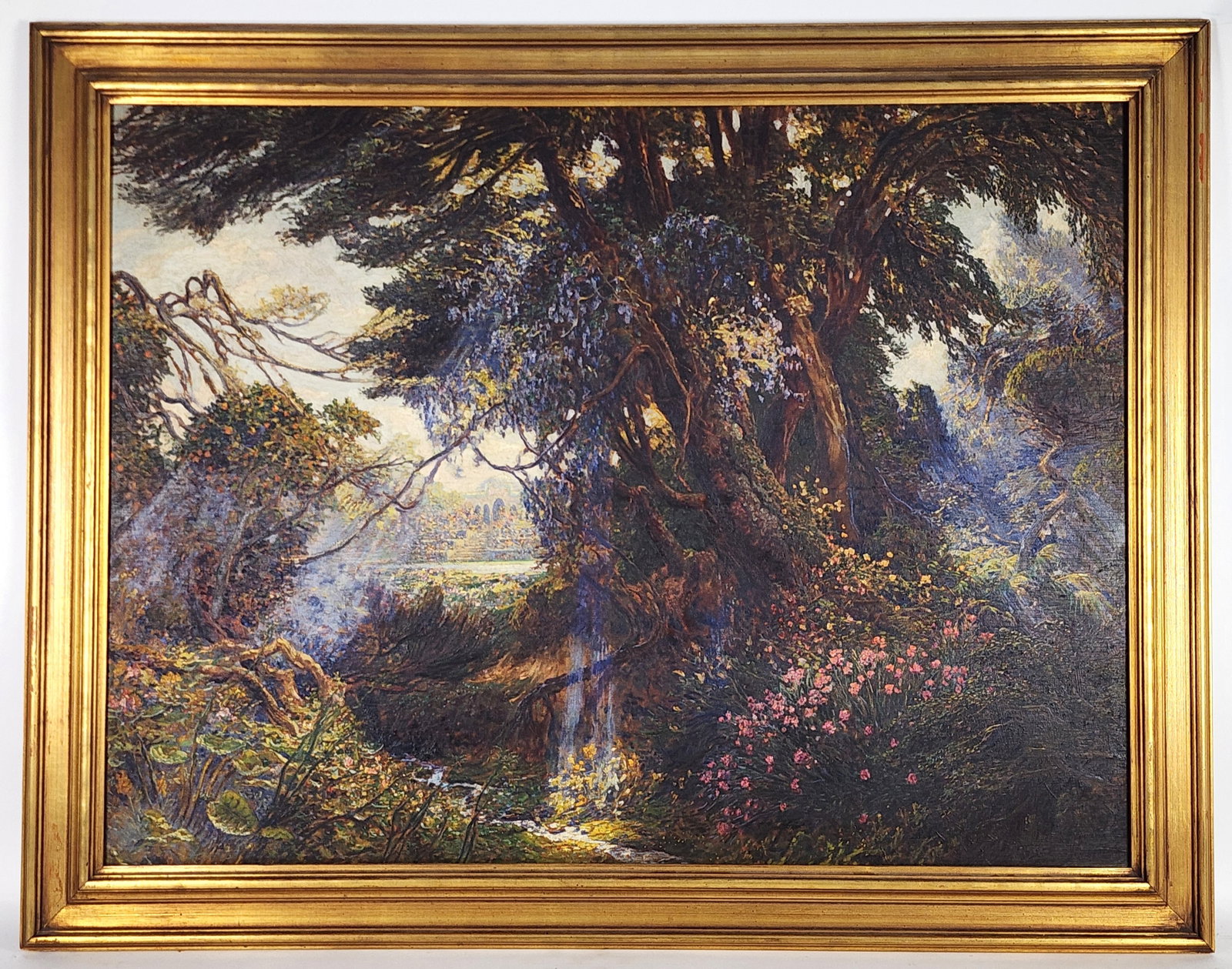 Large Oil on Canvas Painting, Early 20th Century, Idyllic Landscape with Domed Temple in the: Large Oil on Canvas Painting, Early 20th Century, Idyllic Landscape with Domed Temple in the Distance, signed illegibly lower right, 29 1/4" x 39 1/4", Framed-35 1/4" x 45 1/4"