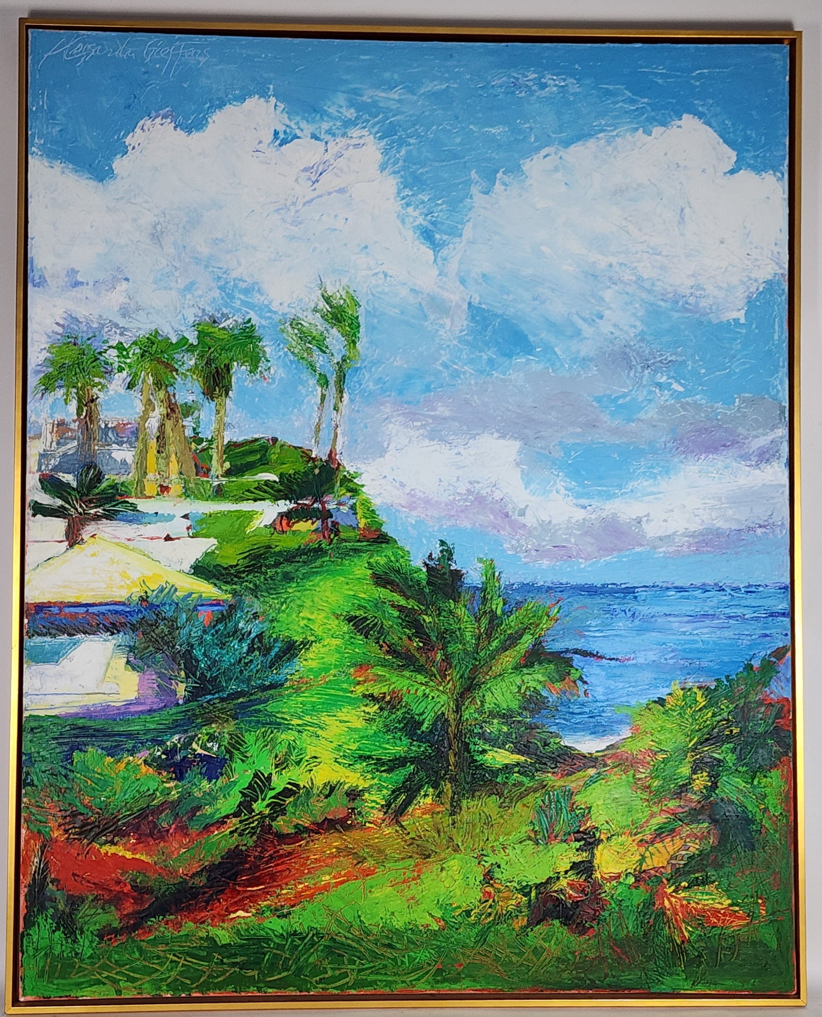 Alessandra Gieffers (20th Century) Oceanside Landscape with Palms, Oil on canvas,: Alessandra Gieffers (20th Century) Oceanside Landscape with Palms, Oil on canvas, Signed upper left, 60" x 48", Framed