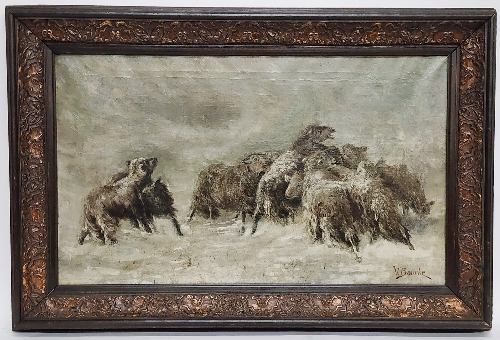 Antique Oil on Canvas Painting, Sheep Herd in Winter, Oil on canvas, Signed V. Bourke lower right,: Antique Oil on Canvas Painting, Sheep Herd in Winter, Oil on canvas, Signed V. Bourke lower right, 18" x 30", Framed-24 1/2" x 36 1/2"