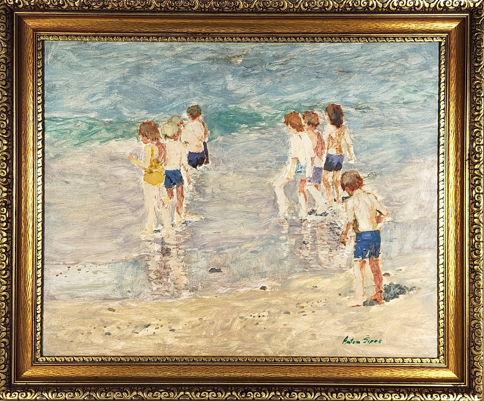 Anton Sipos (Bosnian/American, b.1938) Children at the Beach, Signed Anton Sipos lower right, Oil on: Anton Sipos (Bosnian/American, b.1938) Children at the Beach, Signed Anton Sipos lower right, Oil on board, 24" x 30", Framed-25 1/2" x 39 1/2"