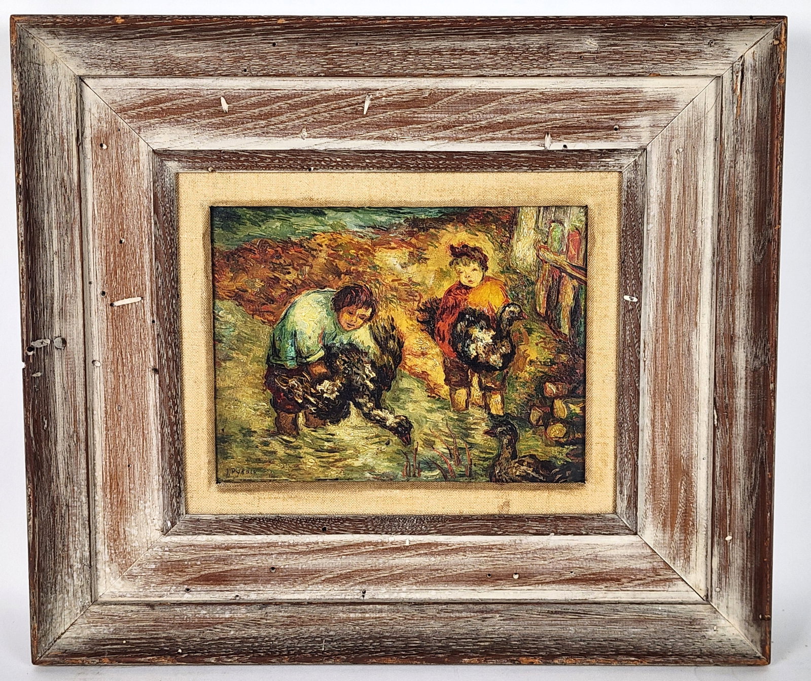 Issachar Ber Ryback (Ukranian, 1897-1935) Two Figures with Ducks, Signed lower left, Oil on board, 6: Issachar Ber Ryback (Ukranian, 1897-1935) Two Figures with Ducks, Signed lower left, Oil on board, 6 1/4" x 8 1/2", Framed-13 1/4" x 15 1/2"