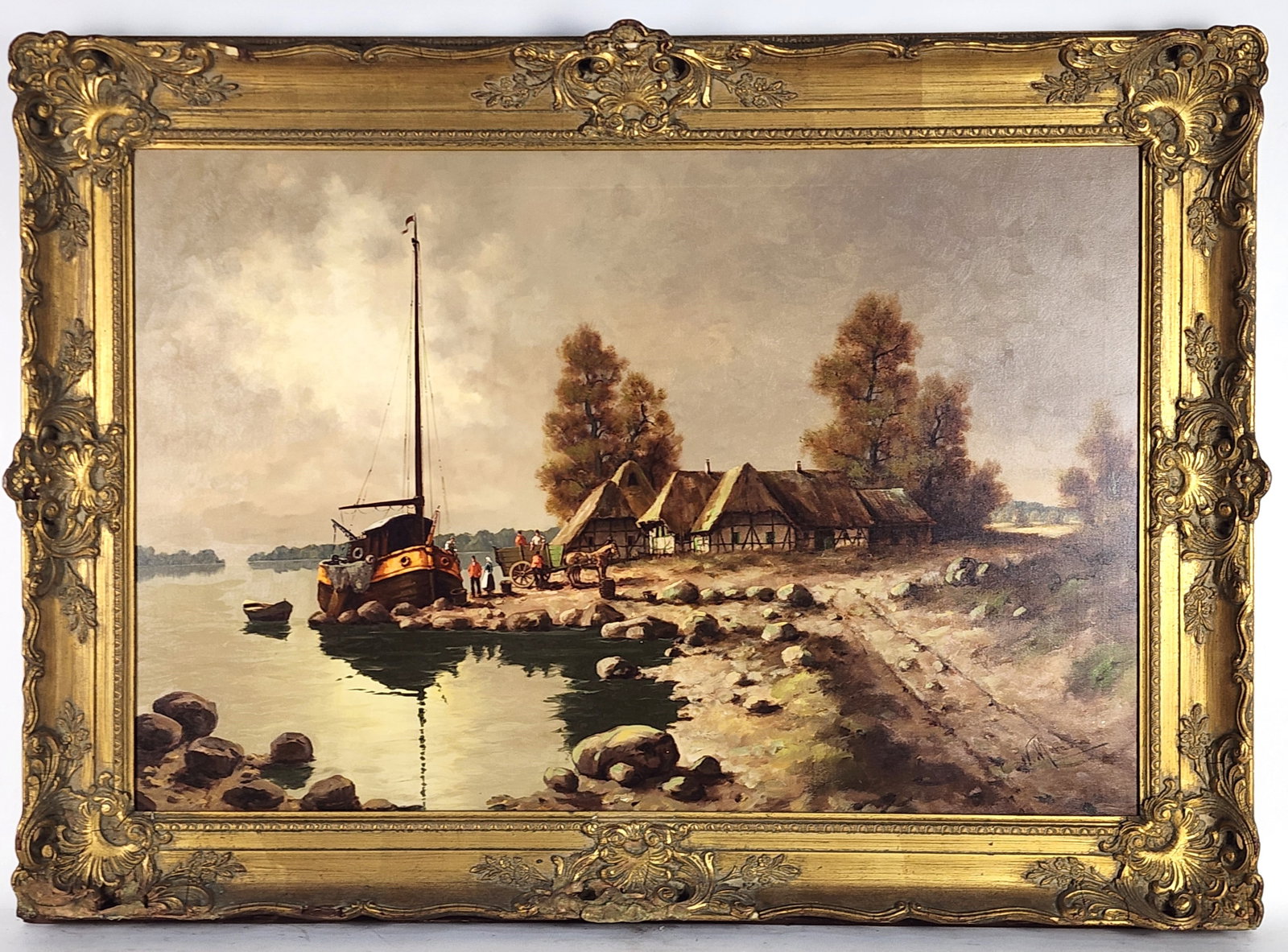 Walter Moras (German, 1856-1925) Bucolic Scene with Moored Boat, Figures, and Cottages along a (1 of 7)