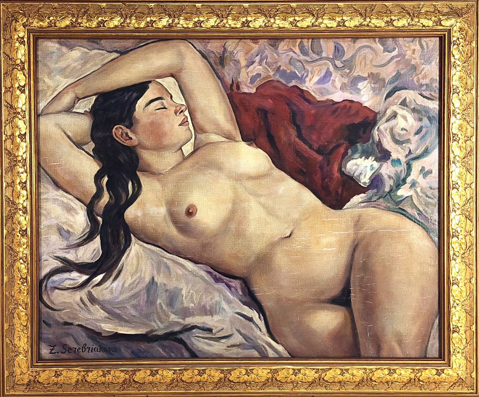 Zinaida Serebriakova (Russian, 1884-1967) Attributed to, Nude, Signed, Oil onCanvas, 24" x 29 3/4",: Zinaida Serebriakova (Russian, 1884-1967) Attributed to, Nude, Signed, Oil onCanvas, 24" x 29 3/4", Framed-29 1/4" x 34 1/4"