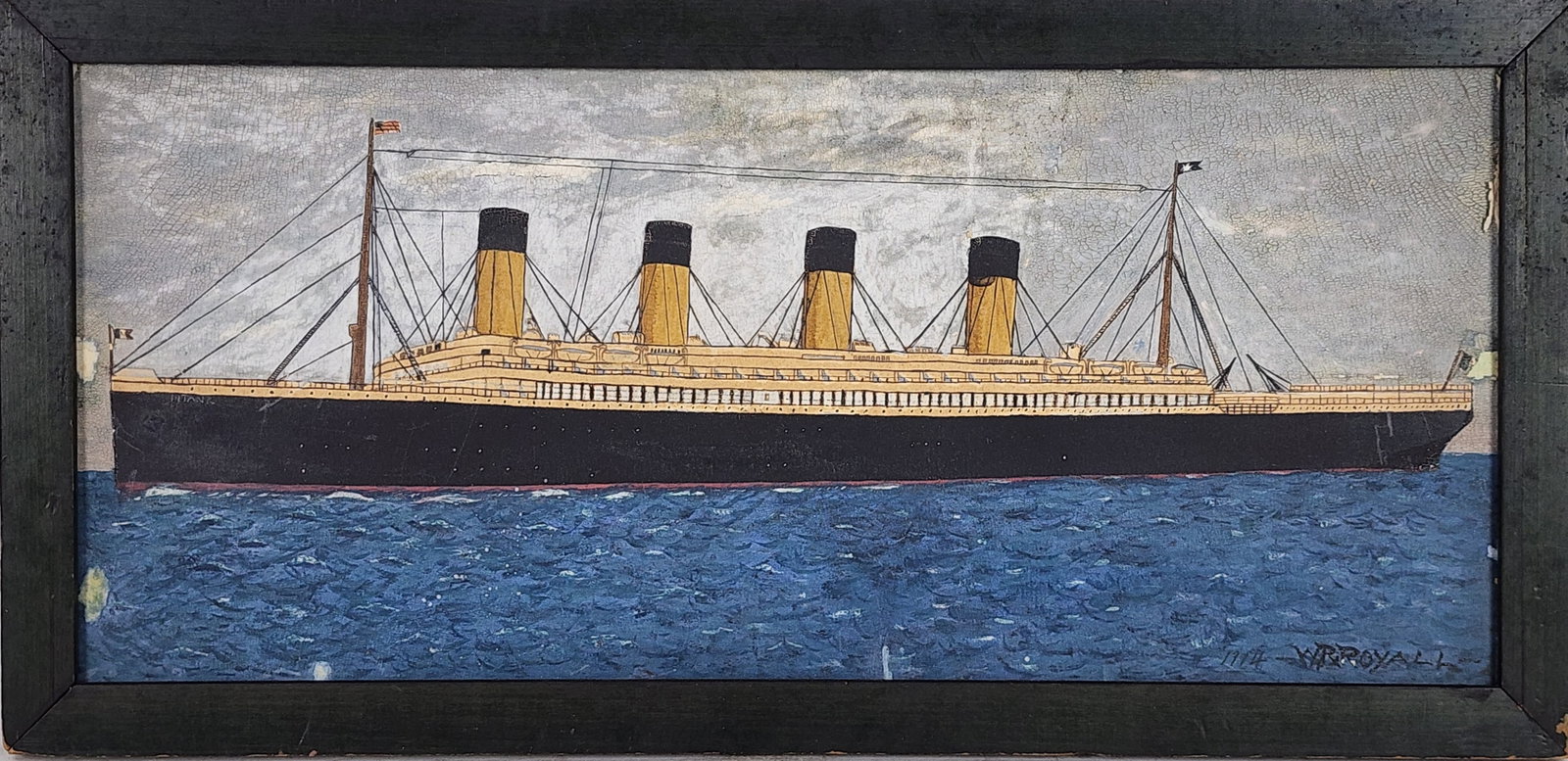 American School (Early 20th Century) Titanic, Signed W. R. Royall and dated 1914 lower right, Oil on: American School (Early 20th Century) Titanic, Signed W. R. Royall and dated 1914 lower right, Oil on board, 9" x 20", Framed-10 1/2" x 23 1/4", surface has overall scattered crazing with soiling and s