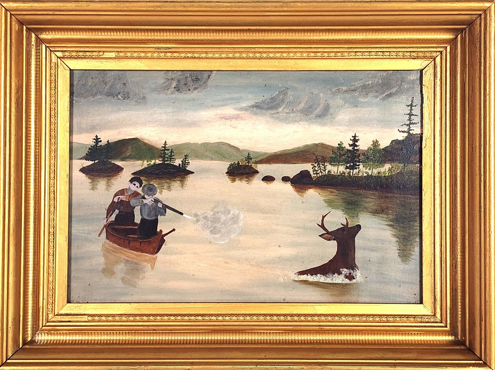 American School (19th Century) Deer Hunting, Unsigned, Oil on Academy board, 9 1/4" x 13 1/2", (1 of 5)