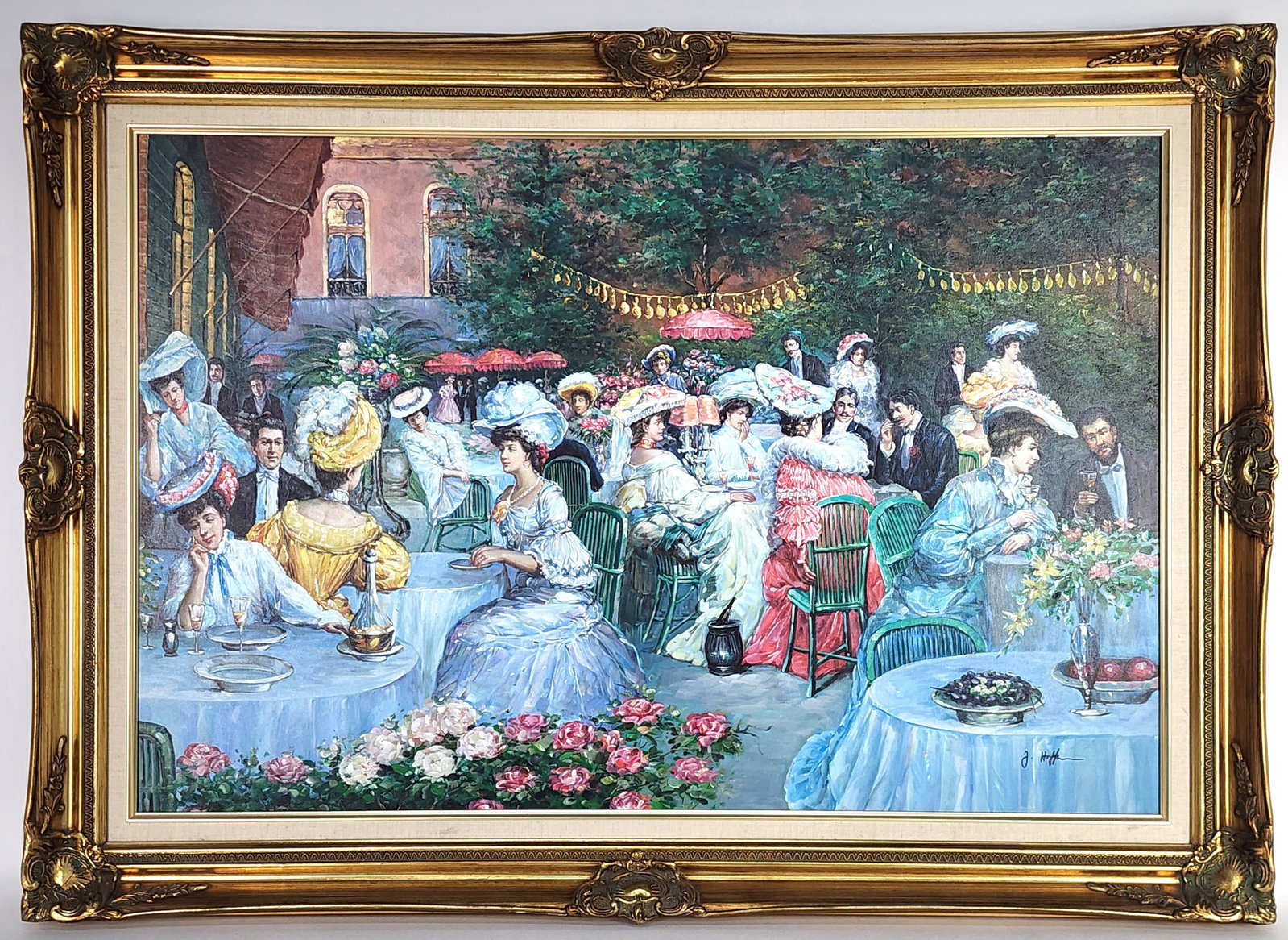 A 20th Century Oil on Canvas Painting, Elegant Garden Party, Signed, Oil on canvas, 24" x 36",: A 20th Century Oil on Canvas Painting, Elegant Garden Party, Signed, Oil on canvas, 24" x 36", Framed-31" x 42 1/2"