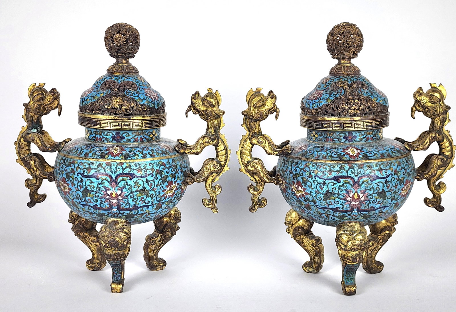 Pair of Chinese Cloisonné Dragon Finial Tripod Lidded Censors, the underside with cast (1 of 14)