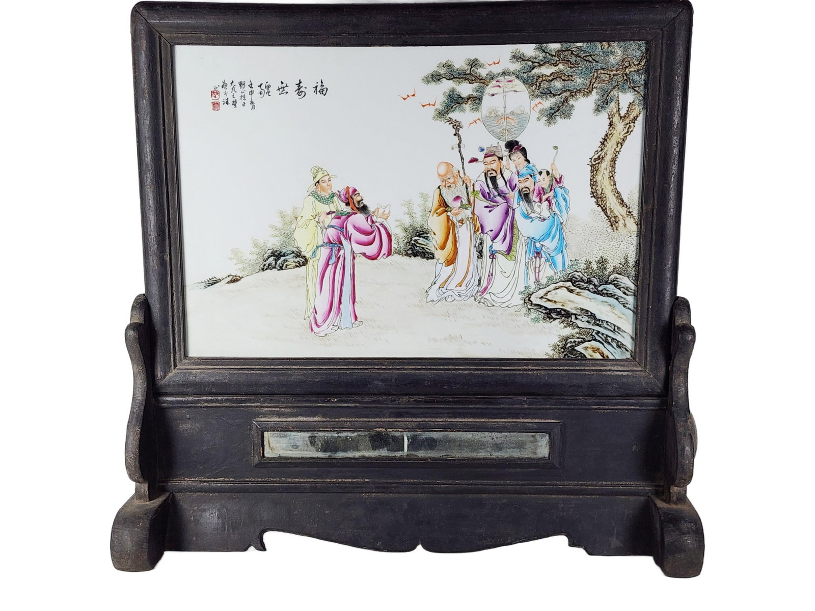 Chinese Large Painted Porcelain Enamel Painted Plaque Table Screen, 20th Century, with poetic (1 of 5)