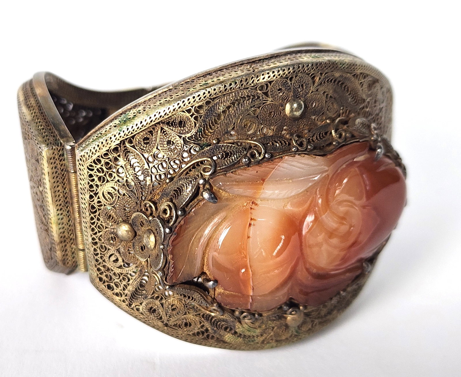 Vintage Chinese Low Grade Silver and Carved Jade Pierced Bracelet, marked Silver, very fine piercing (1 of 7)