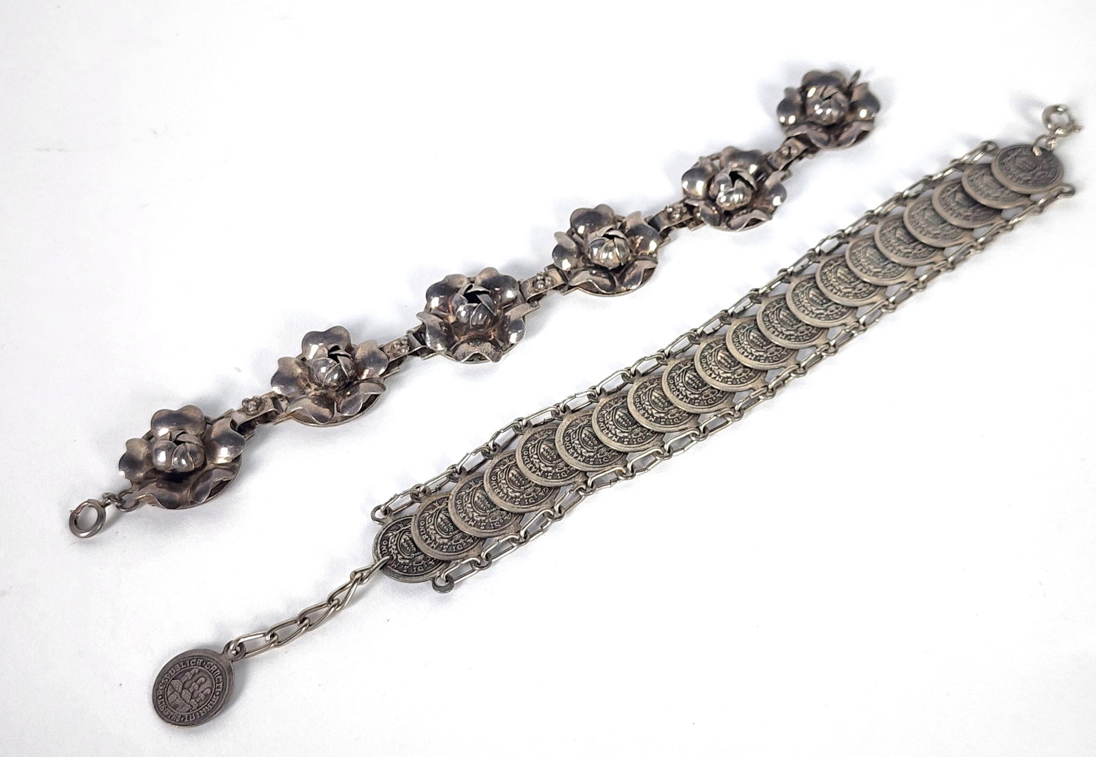 Two Vintage Bracelets, one with flower heads and the other with coins, 9" L. and 7 3/4" L. (1 of 5)