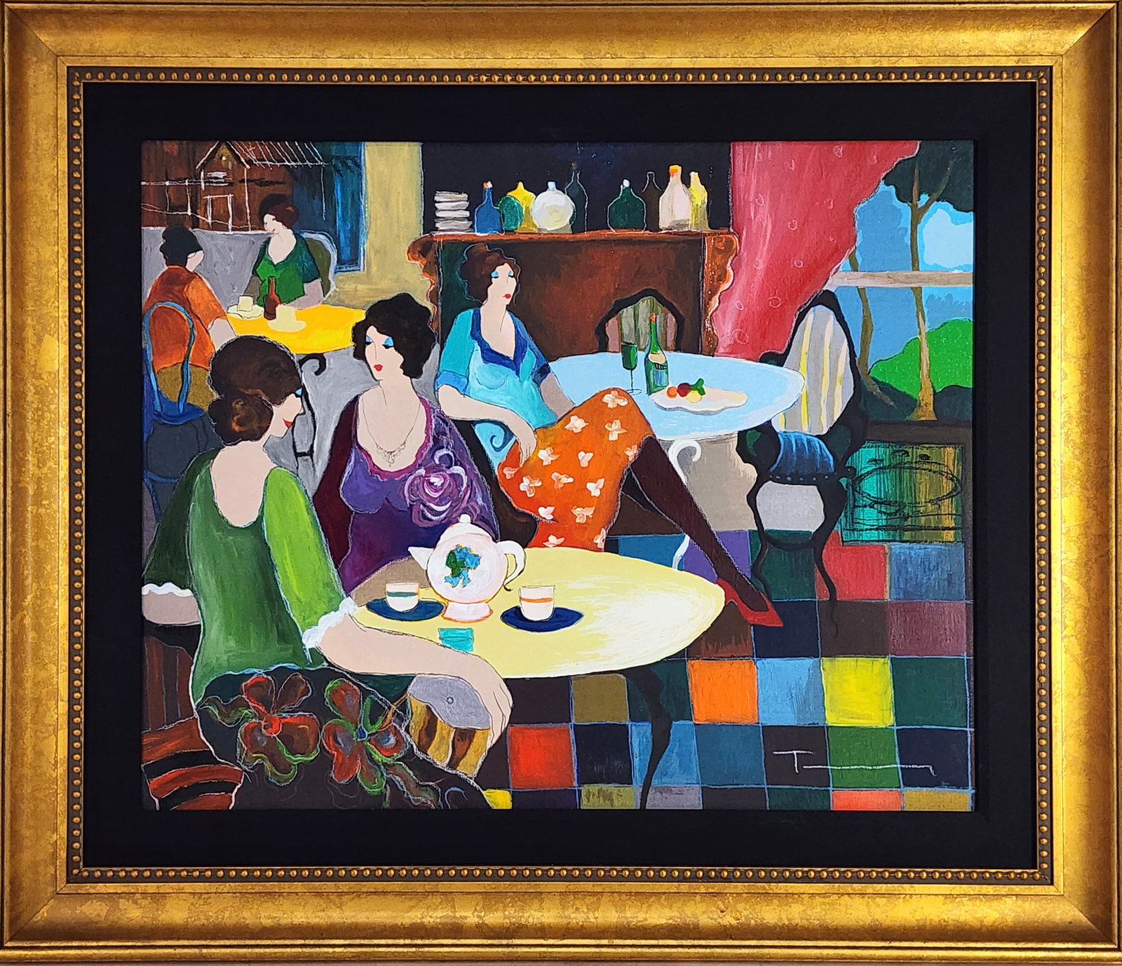 Itzchak Tarkay (Yugoslavian, 1935-2012) Afternoon Tea, Signed lower right, Acrylic on canvas, verso (1 of 8)
