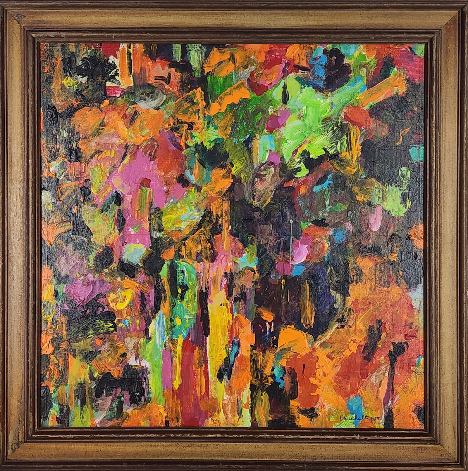 Amarath Roslyn Erenhalt (American, 1928-2021) Untitled, Signed Ehrenhalt and dated 1997 lower right,: Amarath Roslyn Erenhalt (American, 1928-2021) Untitled, Signed Ehrenhalt and dated 1997 lower right, Oil on canvas, 24" x 24", Framed-29 1/4" x 29 1/4", Note: Ehrenhald spent the majority of her art c