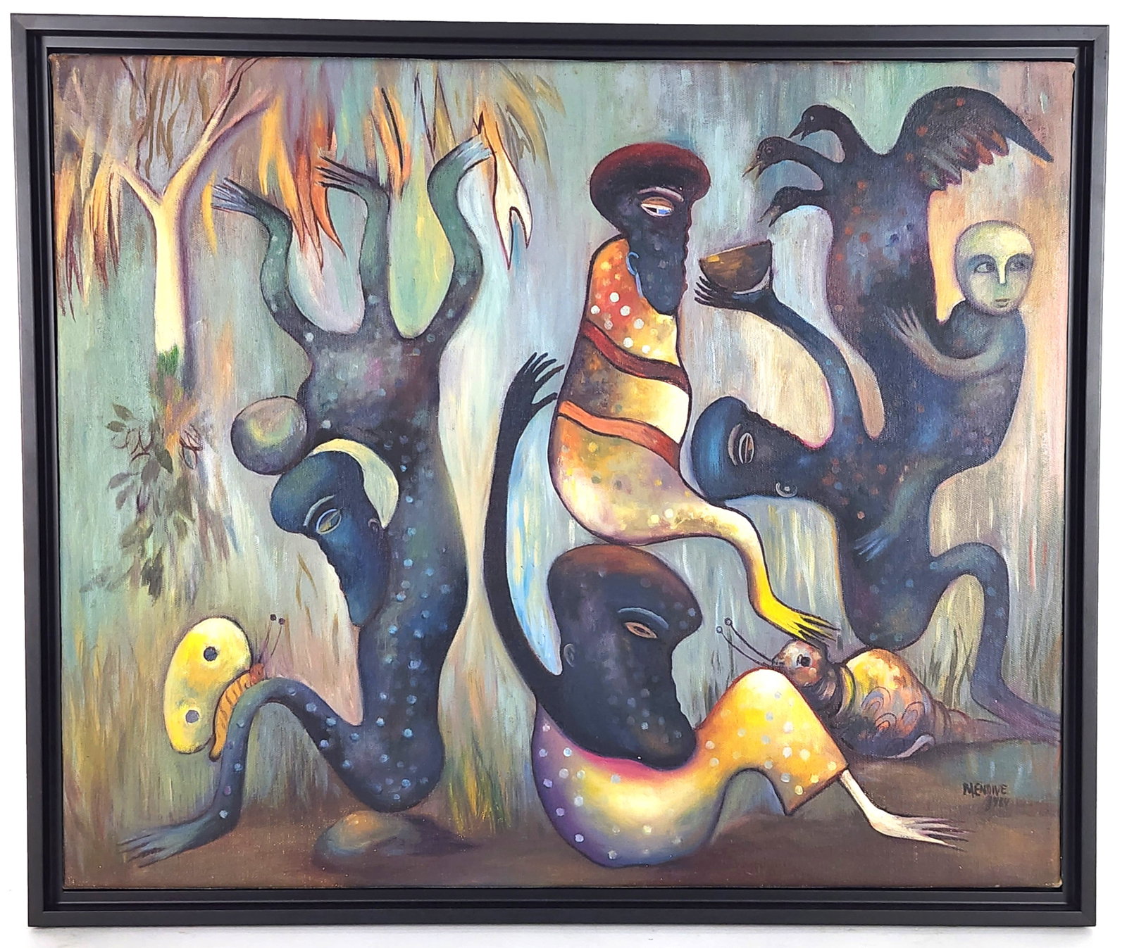 Manuel Mendive (Cuban, 1944-2013), Untitled, Signed Mendive and dated 1984 lowr right, Oil on: Manuel Mendive (Cuban, 1944-2013), Untitled, Signed Mendive and dated 1984 lowr right, Oil on canvas, 20" x 24", Framed-21 3/4" x 26"