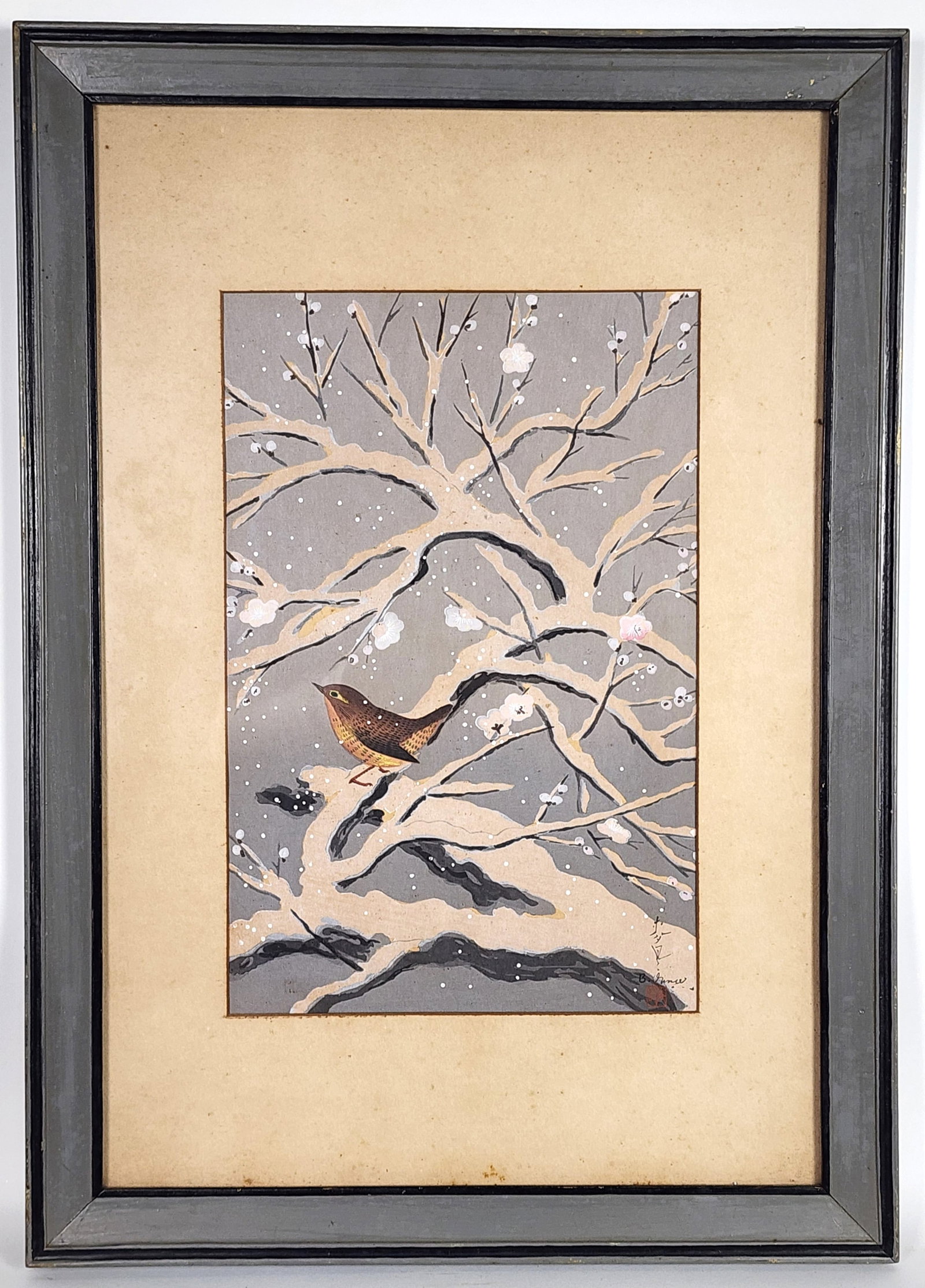 Bakufu Ohno (Japanese, 1888-1976) Snow Cover Cherry Plum Tree, Woodblock Print, Signed with artist's: Bakufu Ohno (Japanese, 1888-1976) Snow Cover Cherry Plum Tree, Woodblock Print, Signed with artist's red seal lower right, Sight-14" x 9 1/4", Framed-23 3/4" x 16 3/4"