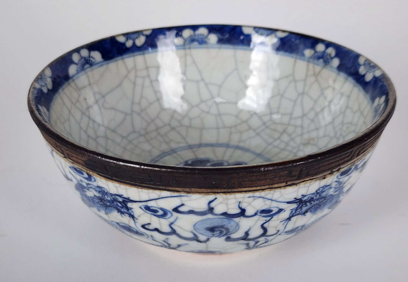 Chinese Porcelain Blue and White Dragon Bowl, underside with Qianlong mark, 7" dia. (1 of 6)