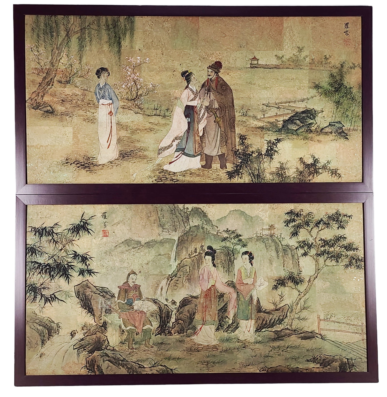 Pair of Chinese Early 20th Century Paintings on Cork, Figures in Gardens, each signed with red seal: Pair of Chinese Early 20th Century Paintings on Cork, Figures in Gardens, each signed with red seal chopmark, 19 1/2" 39 `1/2", Framed-22" x 42"
