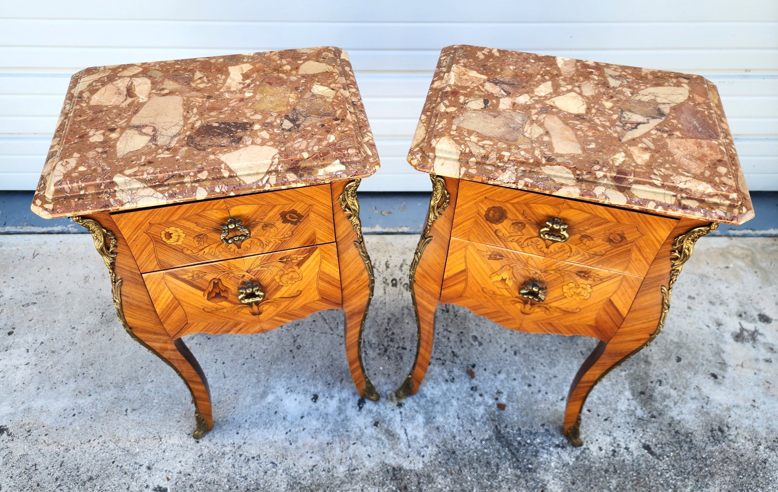 Pair of Louis XVI Style Petite Commodes with Breche Marble Tops, 20th Century,: Pair of Louis XVI Style Petite Commodes with Breche Marble Tops, 20th Century, 29" h. 17" w. 12 1/2" d.