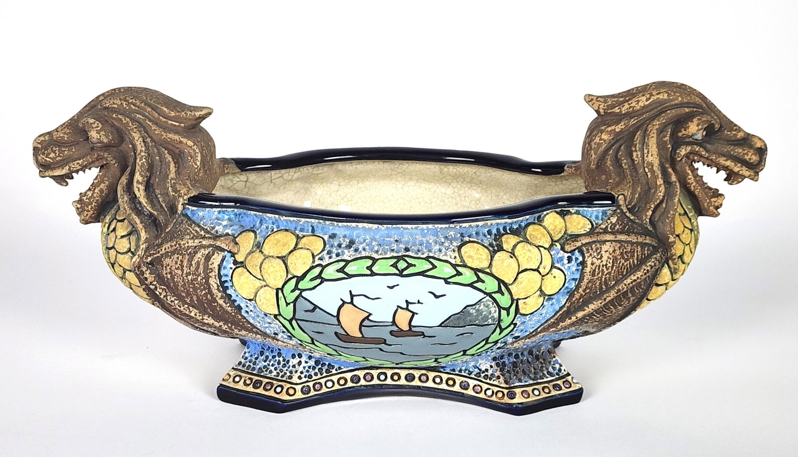 Antique Austrian Amphora Pottery Viking Ship Centerbowl, underside marked, 7" h. 17" L. 8 1/2" d.: Antique Austrian Amphora Pottery Viking Ship Centerbowl, underside marked, 7" h. 17" L. 8 1/2" d.