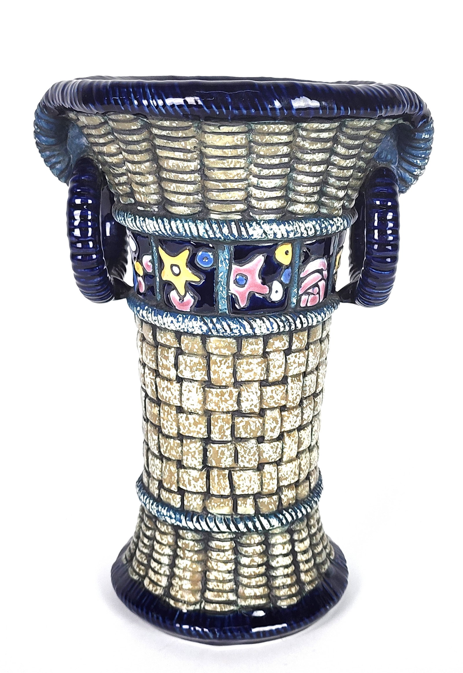 Antique Austrian Amphora Pottery Basket Form Vase with Handles, underside marked, 12 1/2" h. 9" w.: Antique Austrian Amphora Pottery Basket Form Vase with Handles, underside marked, 12 1/2" h. 9" w.