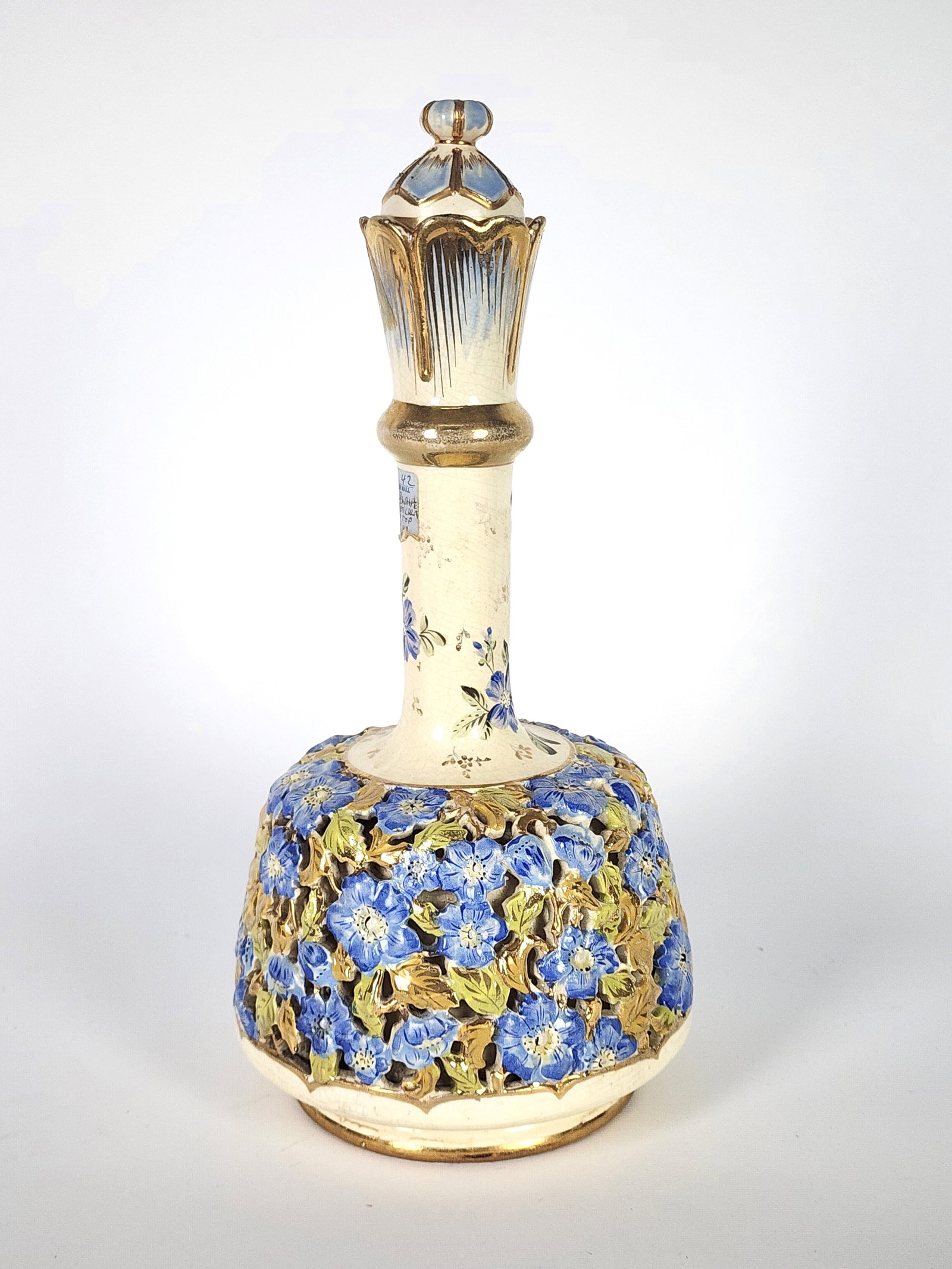 Antique Fischer Porcelain Pierced Decanter, underside marked Fischer Budapest, Hungary, 13 1/2" h.: Antique Fischer Porcelain Pierced Decanter, underside marked Fischer Budapest, Hungary, 13 1/2" h.