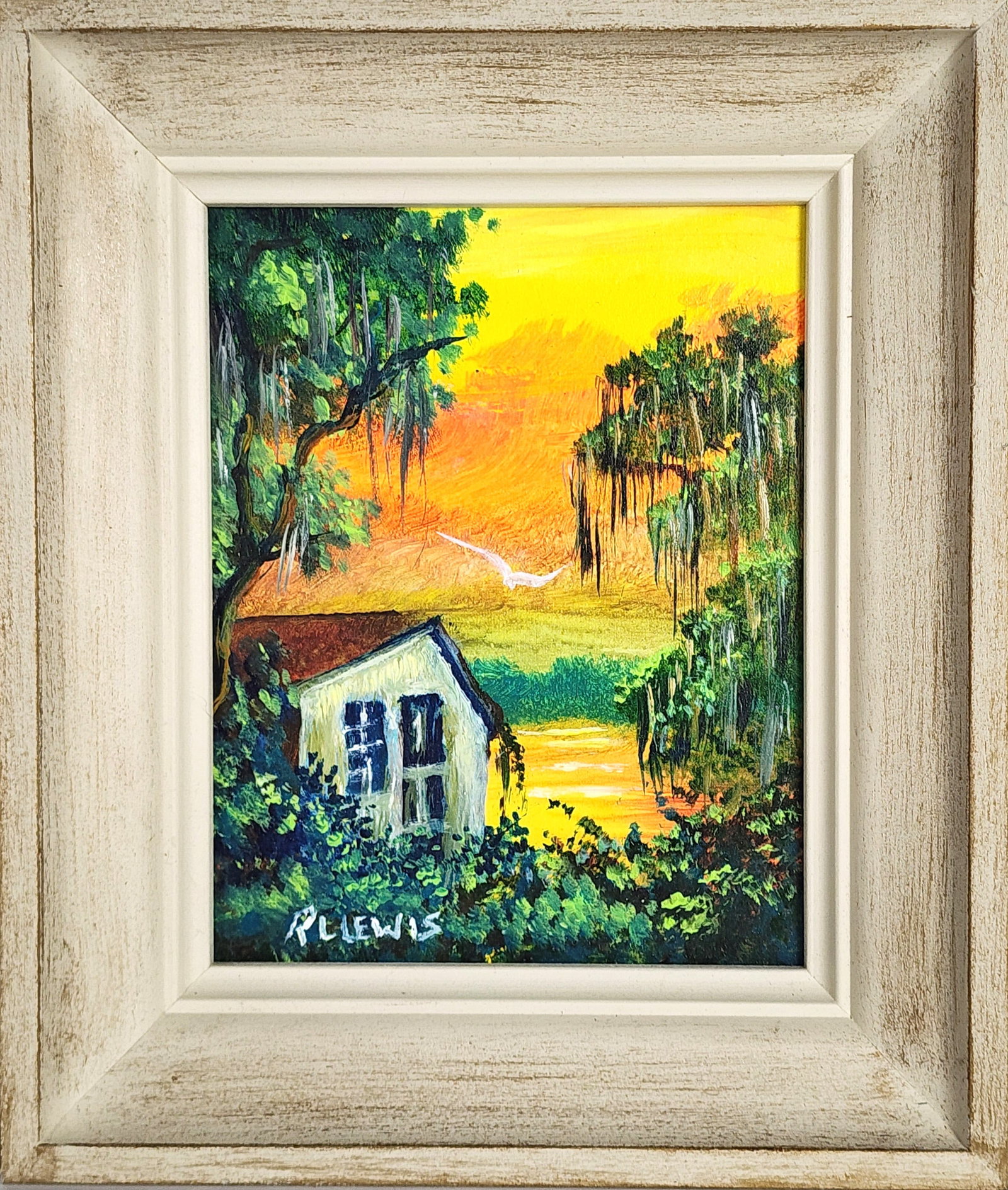 Robert R.L. Lewis (Florida Highwaymen, 1941-2026) Landscape with Shack and Moss, Signed R L Lewis: Robert R.L. Lewis (Florida Highwaymen, 1941-2026) Landscape with Shack and Moss, Signed R L Lewis lower left, OIl on canvas board, 8" x 10", Framed-13 1/2" x 11 12"