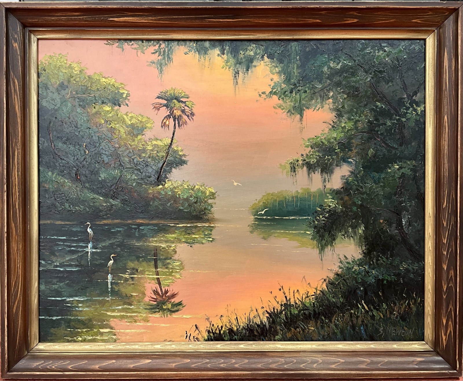 Samuel Newton (Florida Highwaymen, b. 1948) Sunset Florida Landscape with Birds, Signed S. Newton (1 of 6)