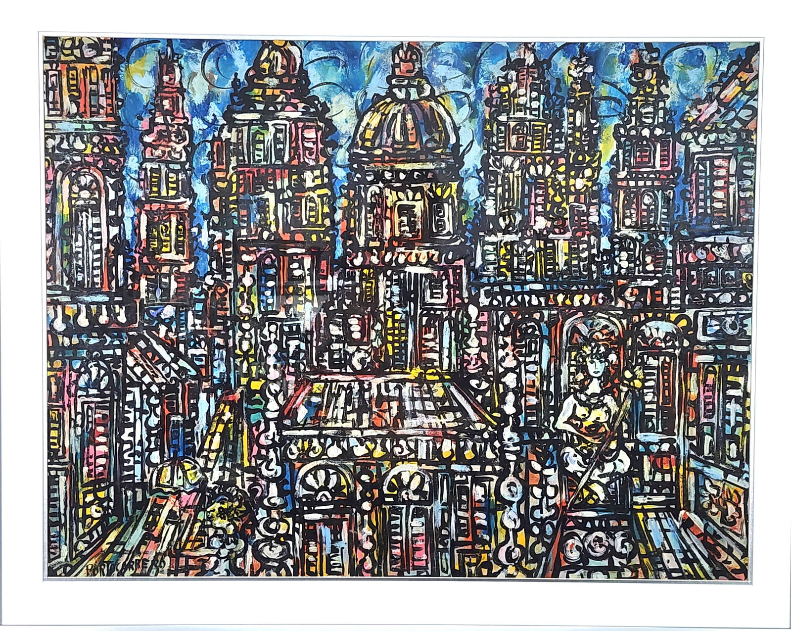 Rene Portocarrero (Cuban, 1912-1985) El Viejo Cuidad, Habana, Signed Portocarrero lower right,: Rene Portocarrero (Cuban, 1912-1985) El Viejo Cuidad, Habana, Signed Portocarrero lower right, Sight-23" x 30", Framed-30 1/2" x 38 1/4"
