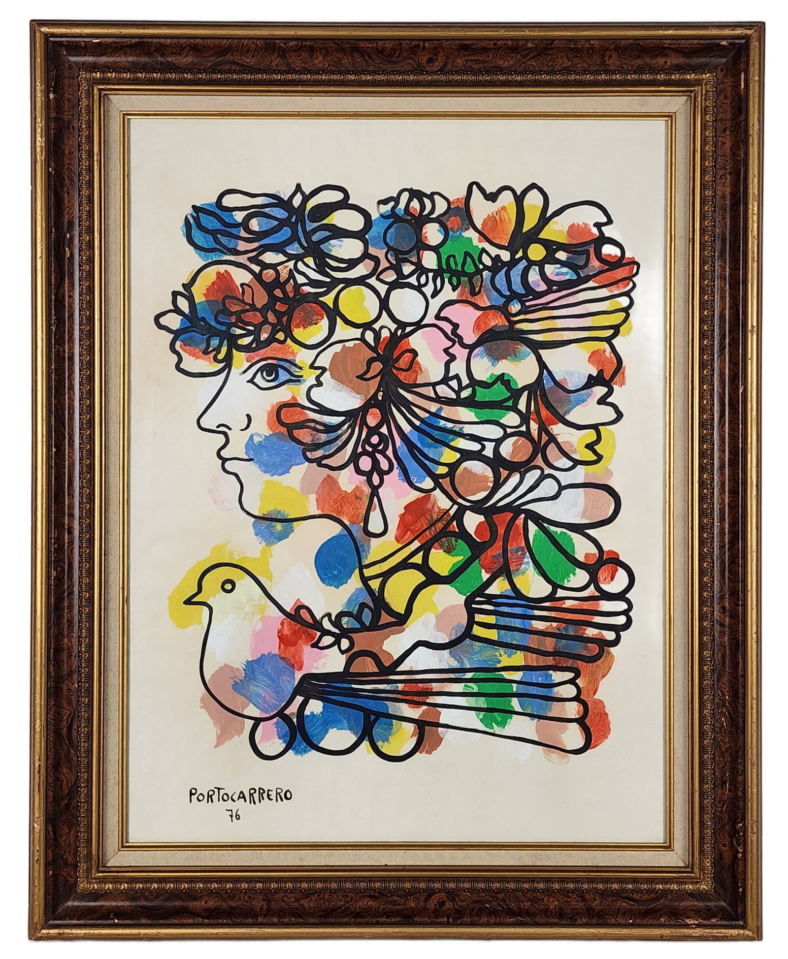 Rene Portocarrero (Cuban, 1912-1985) Profile of Woman with Dove, Signed Portocarrero and dated '76: Rene Portocarrero (Cuban, 1912-1985) Profile of Woman with Dove, Signed Portocarrero and dated '76 lower left, Watercolor and Ink on paper, Sight-23 1/2" x 17 1/2", Framed-29 1/2" x 23 1/2"
