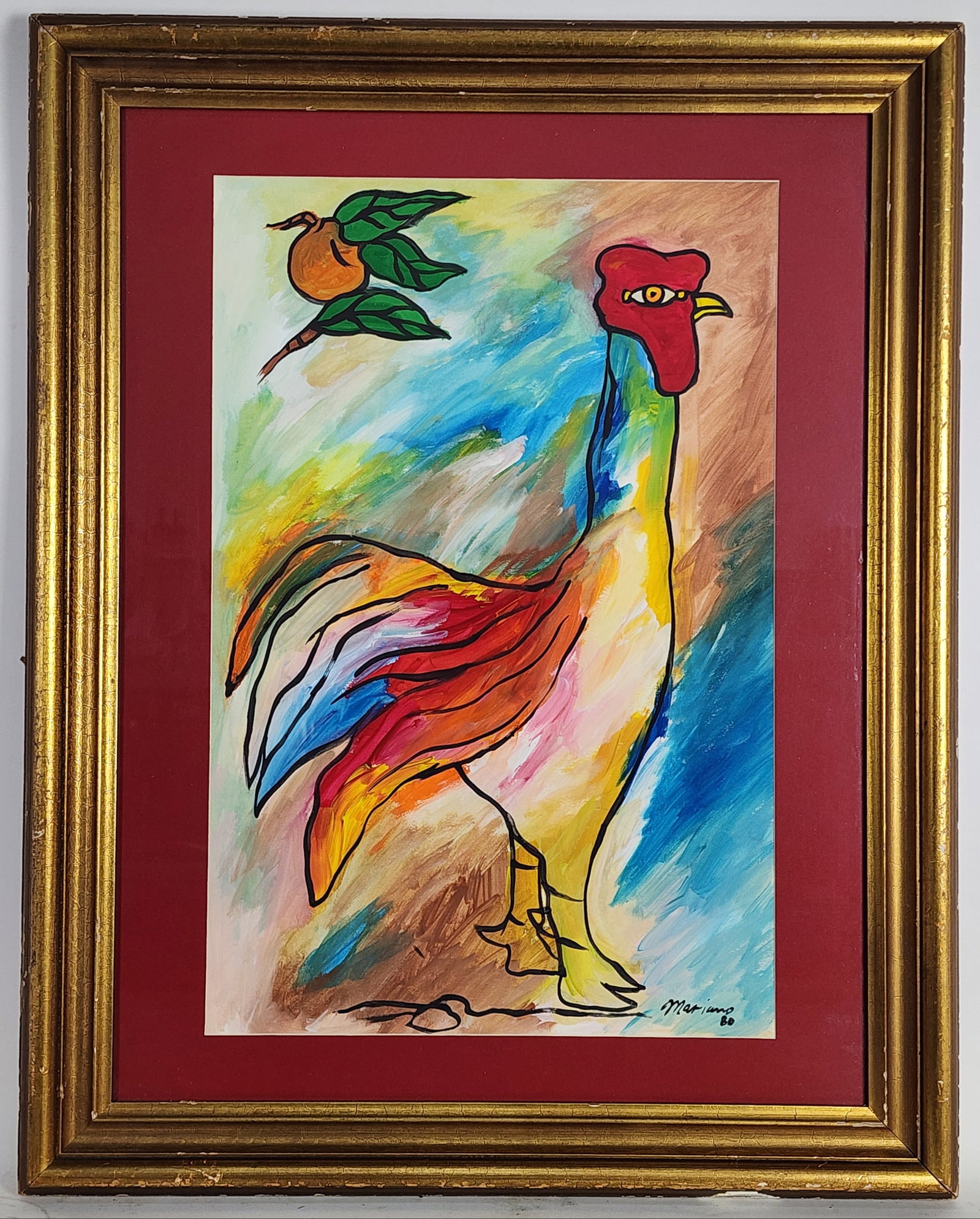 Mariano Rodriguez (Cuban, 1912-1990) Attributed to, Gallo y Naranja, Signed Mariano and dated '80: Mariano Rodriguez (Cuban, 1912-1990) Attributed to, Gallo y Naranja, Signed Mariano and dated '80 lower right, Gouache on paper, Sight-21 3/4" x 14 1/2", Framed-23 3/4" x 19"