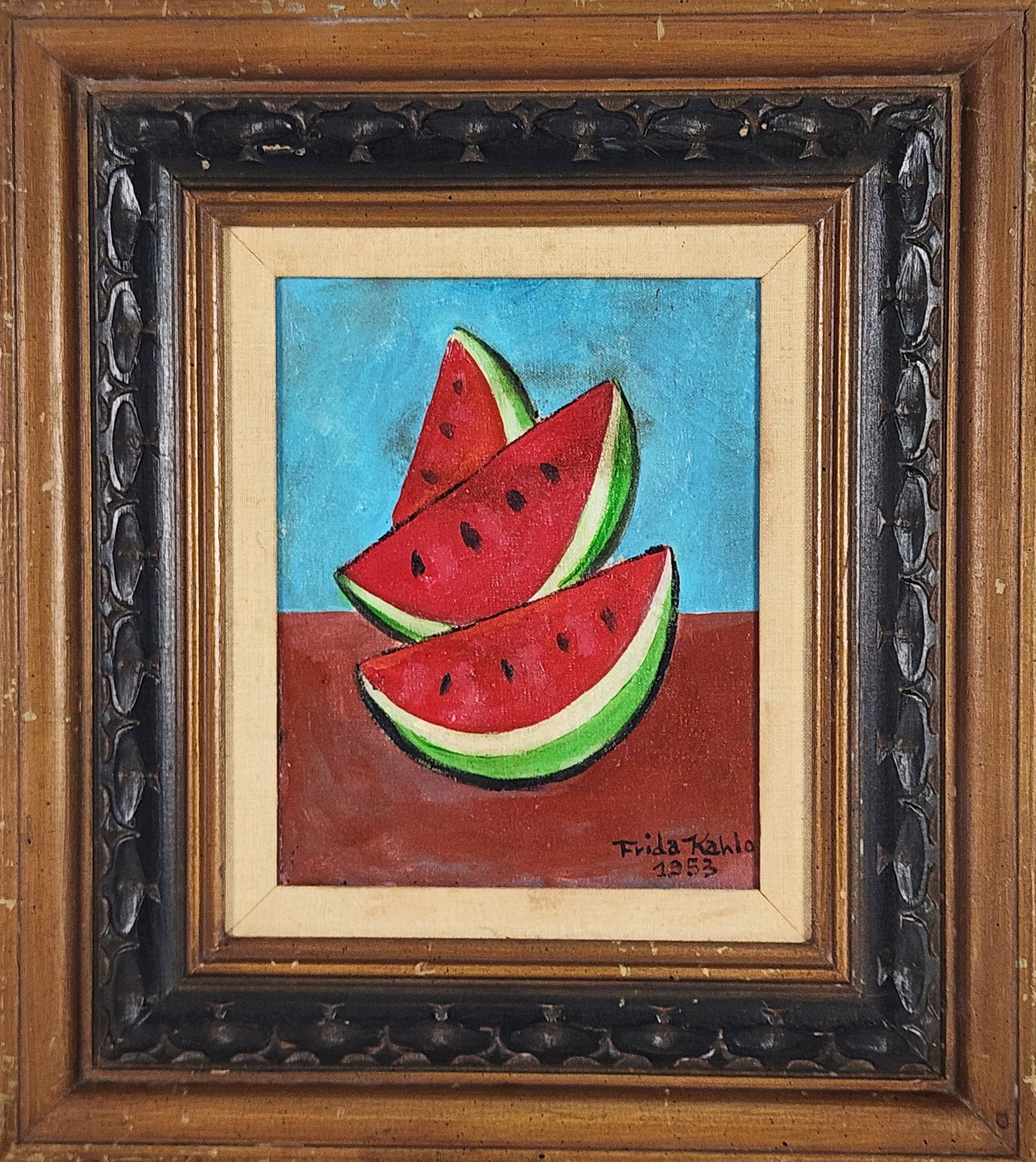 Mexican School (Mid-20th Century) Sandias, Signed Frida Kahlo and dated 1953 lower right, Oil on: Mexican School (Mid-20th Century) Sandias, Signed Frida Kahlo and dated 1953 lower right, Oil on canvas, 10" x 8", Framed-18" x 16"