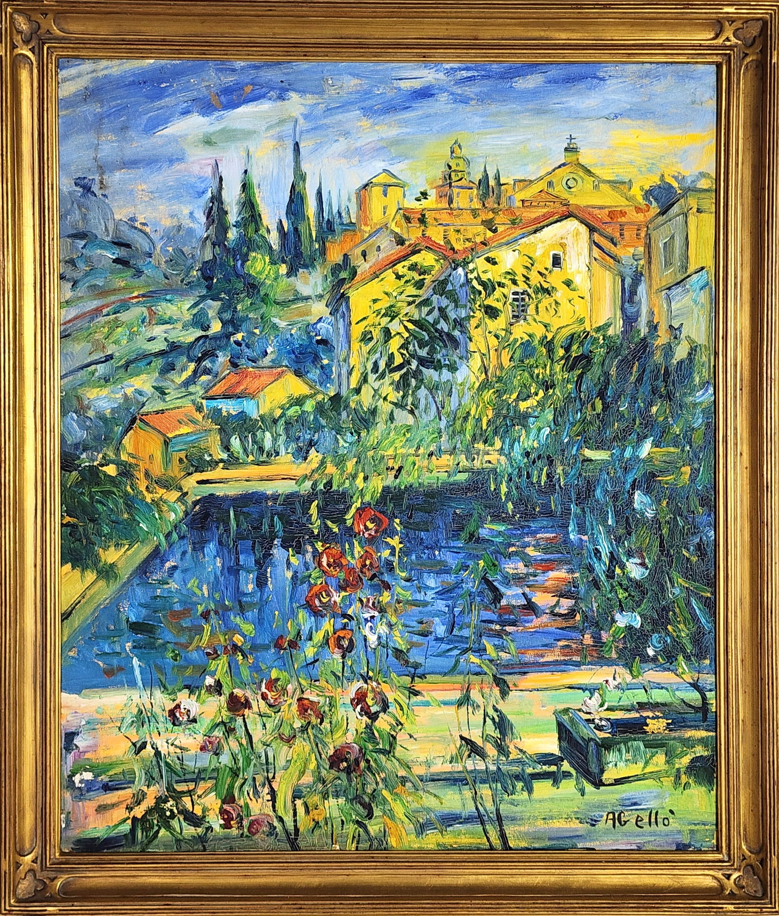 Juan Abello Prat (Spanish, 1922-2008) Landscape with Town in the Distance, Signed Abello lower: Juan Abello Prat (Spanish, 1922-2008) Landscape with Town in the Distance, Signed Abello lower right, Oil on canvas, 24" x 20", Framed-27 1/2" x 23 1/2"