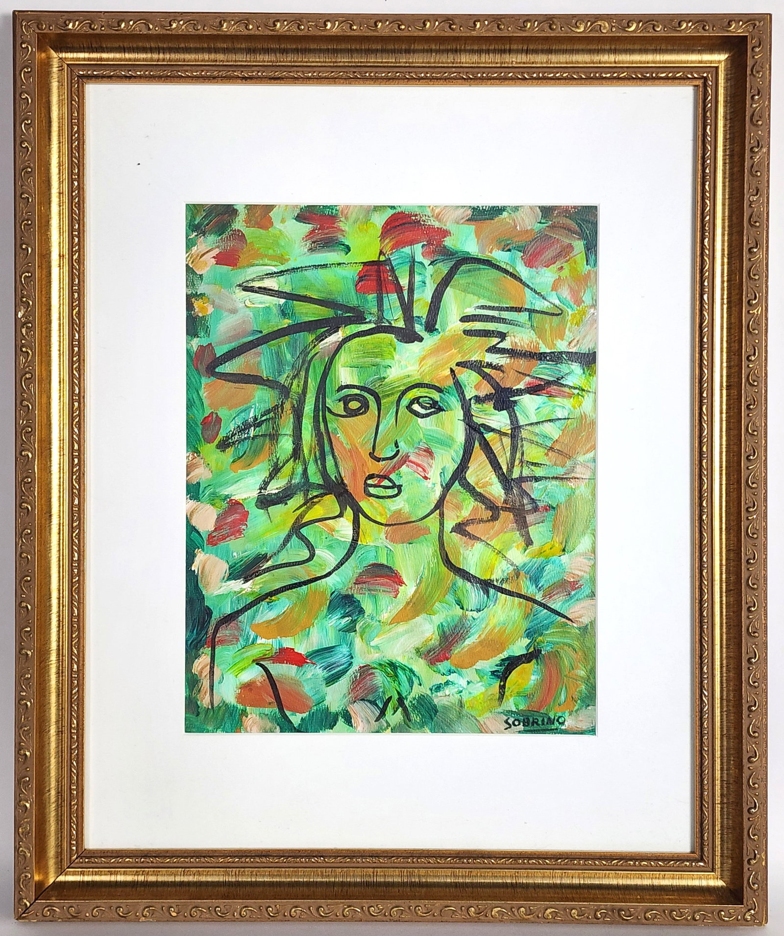Carlos Sobrino (Cuban, 1909-1980) Portrait, Signed Sobrino lower right, Mixed media on paper,: Carlos Sobrino (Cuban, 1909-1980) Portrait, Signed Sobrino lower right, Mixed media on paper, Sight-13 1/2" x 10 1/4", Framed-23" x 19 1/4"