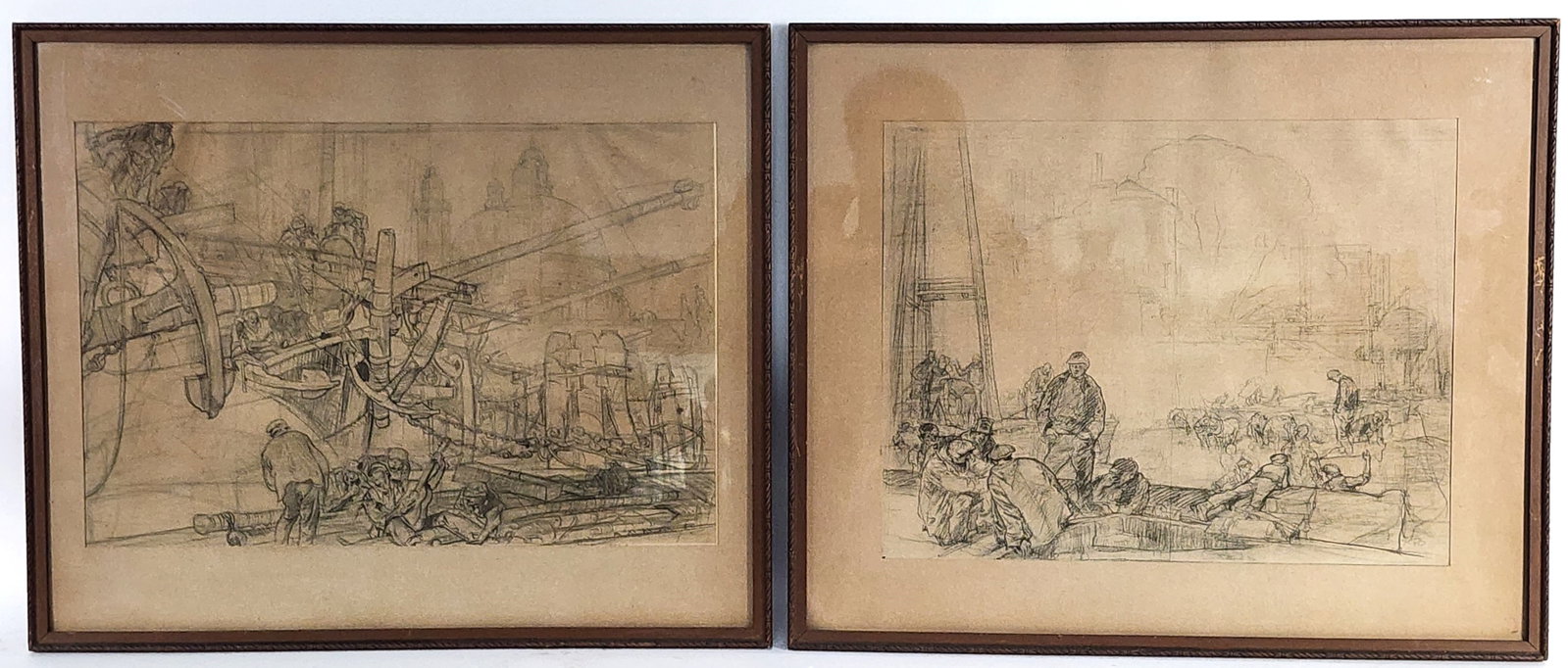 Frank Brangwyn (English, 1867-1956) Prepatory Sketches, One monogrammed FB, Pencil on paper, each: Frank Brangwyn (English, 1867-1956) Prepatory Sketches, One monogrammed FB, Pencil on paper, each Sight approx.-11" x 16", Framed-16 1/4" x 19 1/4"
