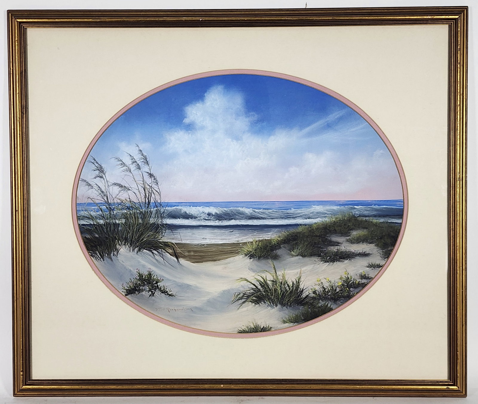Francis Henry Richardson (American, 1859-1932) Beach Landscape, Signed F.H. Richardson lower left,: Francis Henry Richardson (American, 1859-1932) Beach Landscape, Signed F.H. Richardson lower left, Oil on board, Oval-15 1/4" x 19 1/4", Framed-22 1/2" x 26 1/2"
