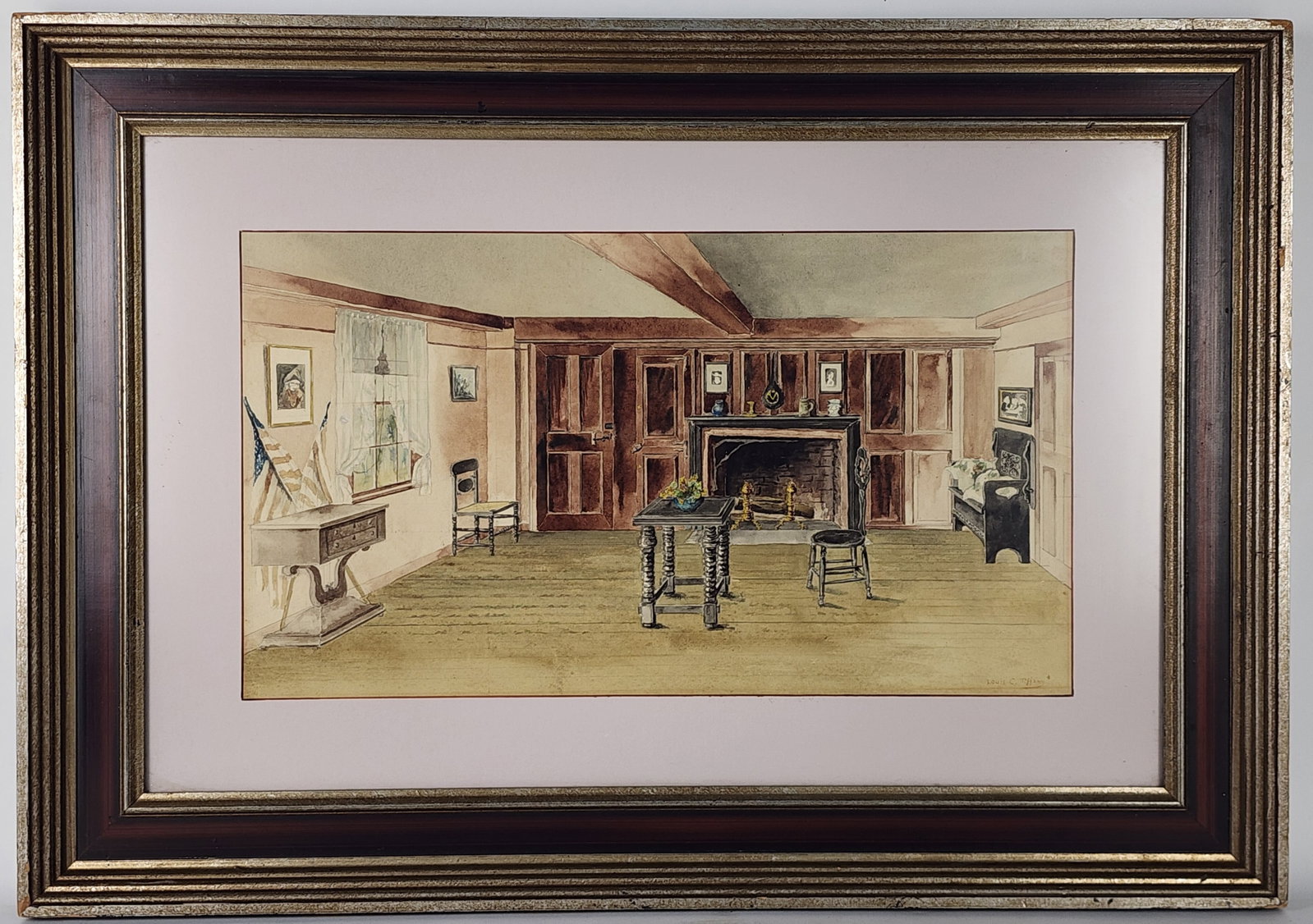 Louis Comfort Tiffany (American, ) Colonial Room Interior, Signed Louis C. Tiffany lower right,: Louis Comfort Tiffany (American, ) Colonial Room Interior, Signed Louis C. Tiffany lower right, Watercolor on paper, Sight-11 3/4" x 21", Framed-22" x 31 1/2", has fading and some staining.