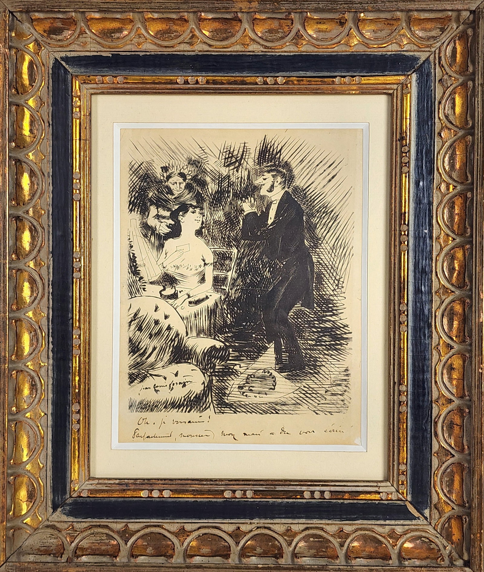Jean Louis-Forain (French, 1852-1931) Satirical Drawing with Maitre D" and Lady, Signed Jean Louis: Jean Louis-Forain (French, 1852-1931) Satirical Drawing with Maitre D" and Lady, Signed Jean Louis Forain with inscription, Ink on paper, Sight-11" x 8 1/2", Framed-19 1/4" x 16 1/4"
