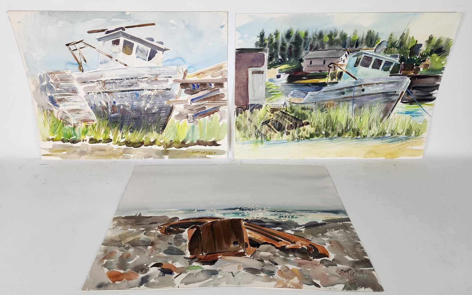 Edward Christiana (American, 1912-1992) Three Watercolor Paintings of Abandoned Boats, each signed (1 of 8)