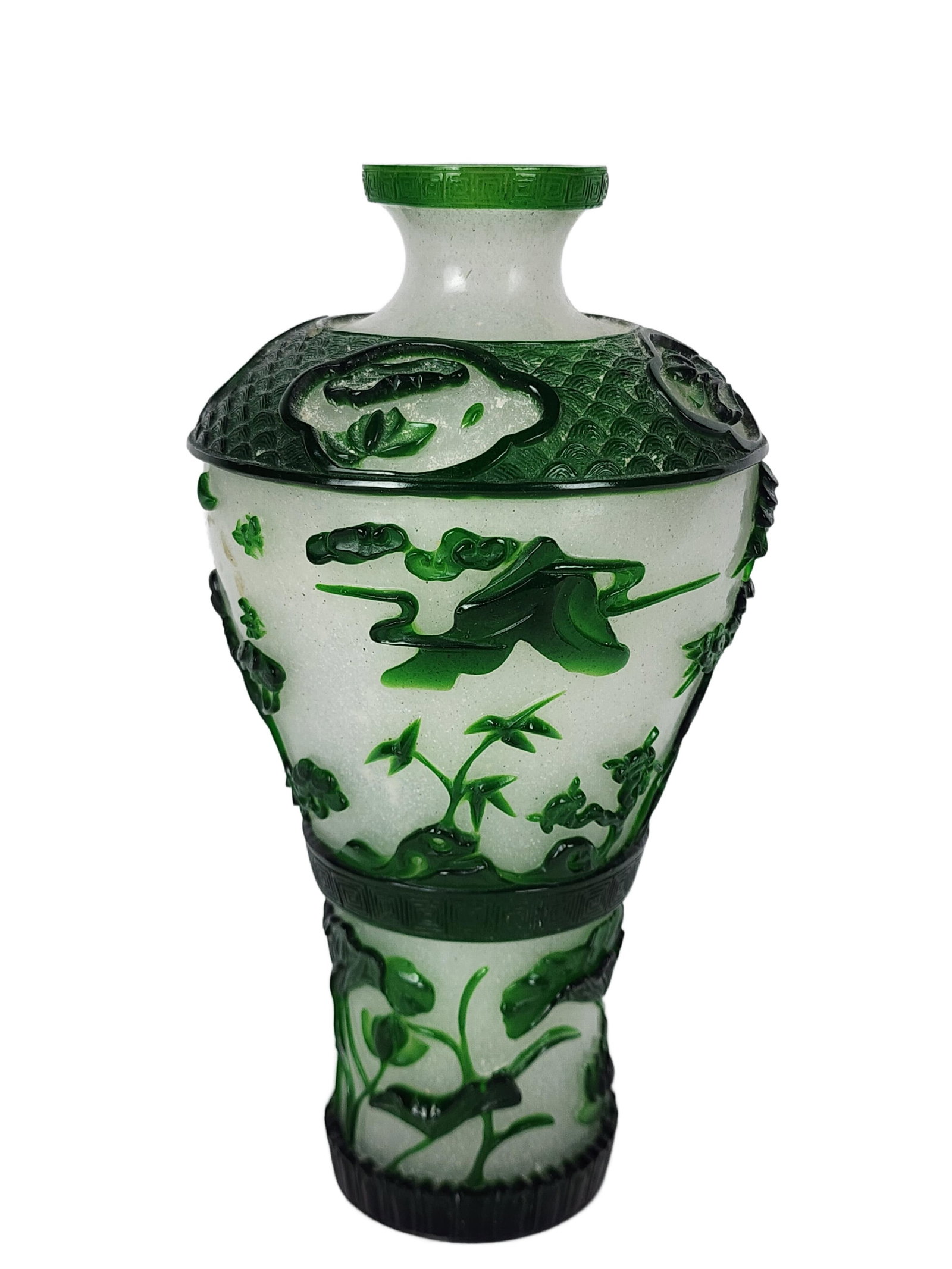 Chinese Green Overlay Peking Glass Vase, 20th Century, cameo carved landscapes having scrolling: Chinese Green Overlay Peking Glass Vase, 20th Century, cameo carved landscapes having scrolling branches and flying crane with a leiwen geometric thunder pattern band, 8 1/2 h. 4 1/2" w.