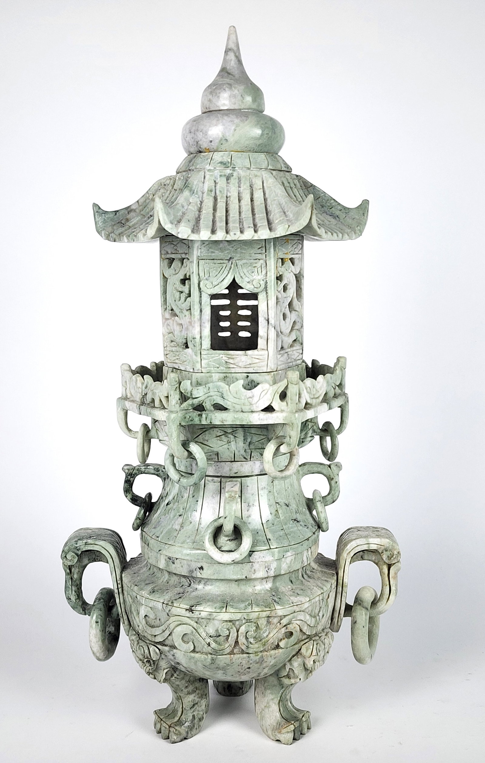 Chinese Green Jade Carved Incense Tower, 20th Century, in two parts, Pierced and carved with ring: Chinese Green Jade Carved Incense Tower, 20th Century, in two parts, Pierced and carved with ring handles, 19 1/2" h. 10" w.