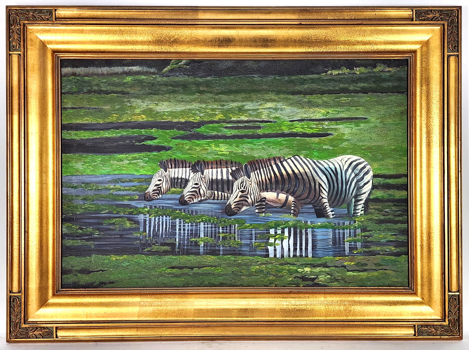 A 20th/21st Century Oil on Canvas Painting, Zebras Watering, 24" x 36", Framed-34" x 46" (1 of 4)