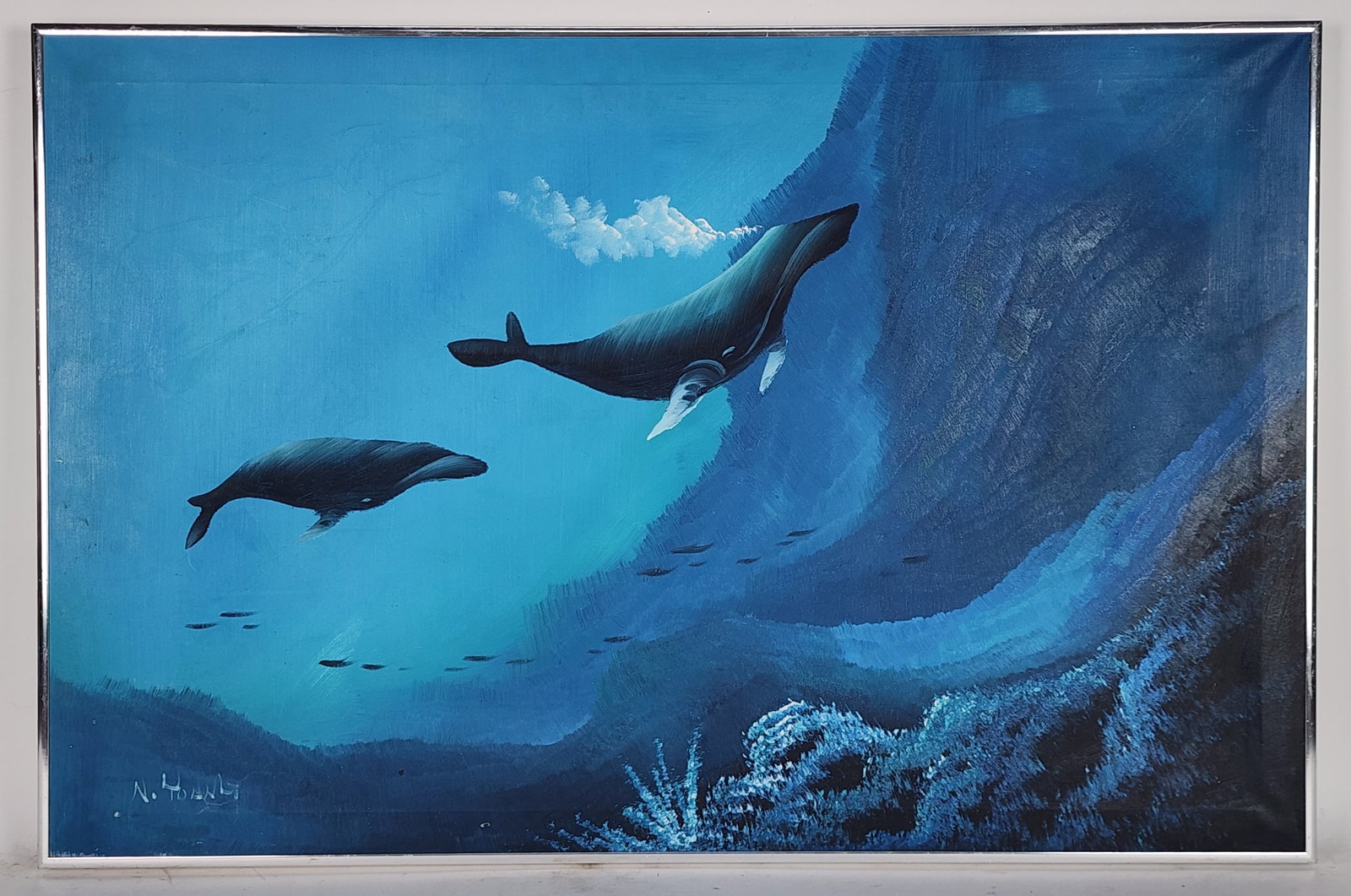 A 20th Century Oil on Canvas Painting, Underwater Scene with Whales, Signed N. Young, 23" x 35": A 20th Century Oil on Canvas Painting, Underwater Scene with Whales, Signed N. Young, 23" x 35"