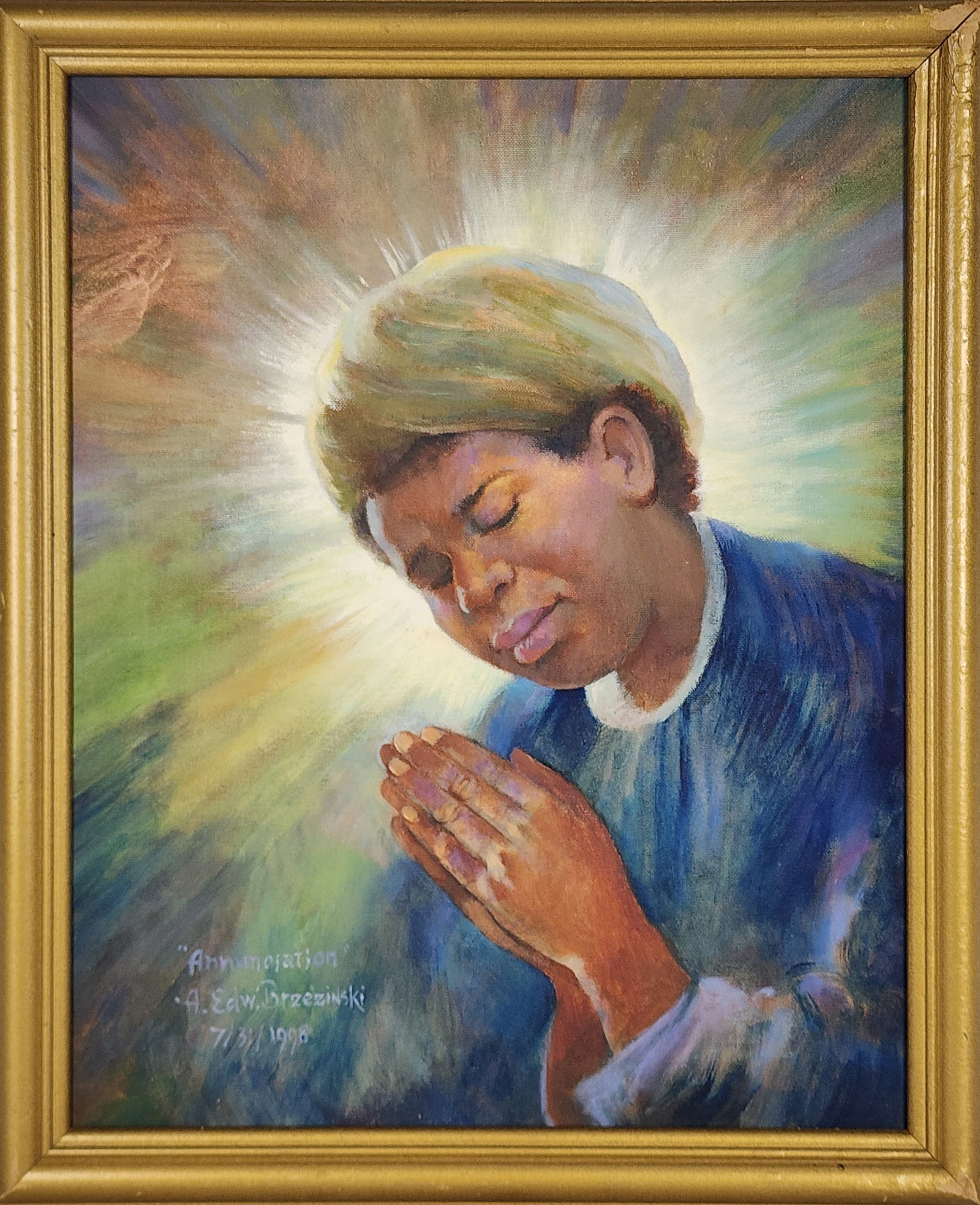A 20th Century Oil on Board Painting, Annunciation, Signed A. Edw. Brezenski and titled, dated: A 20th Century Oil on Board Painting, Annunciation, Signed A. Edw. Brezenski and titled, dated 7/31/1998, 20" x 16", Framed-22 1/2" x 18 1/2"