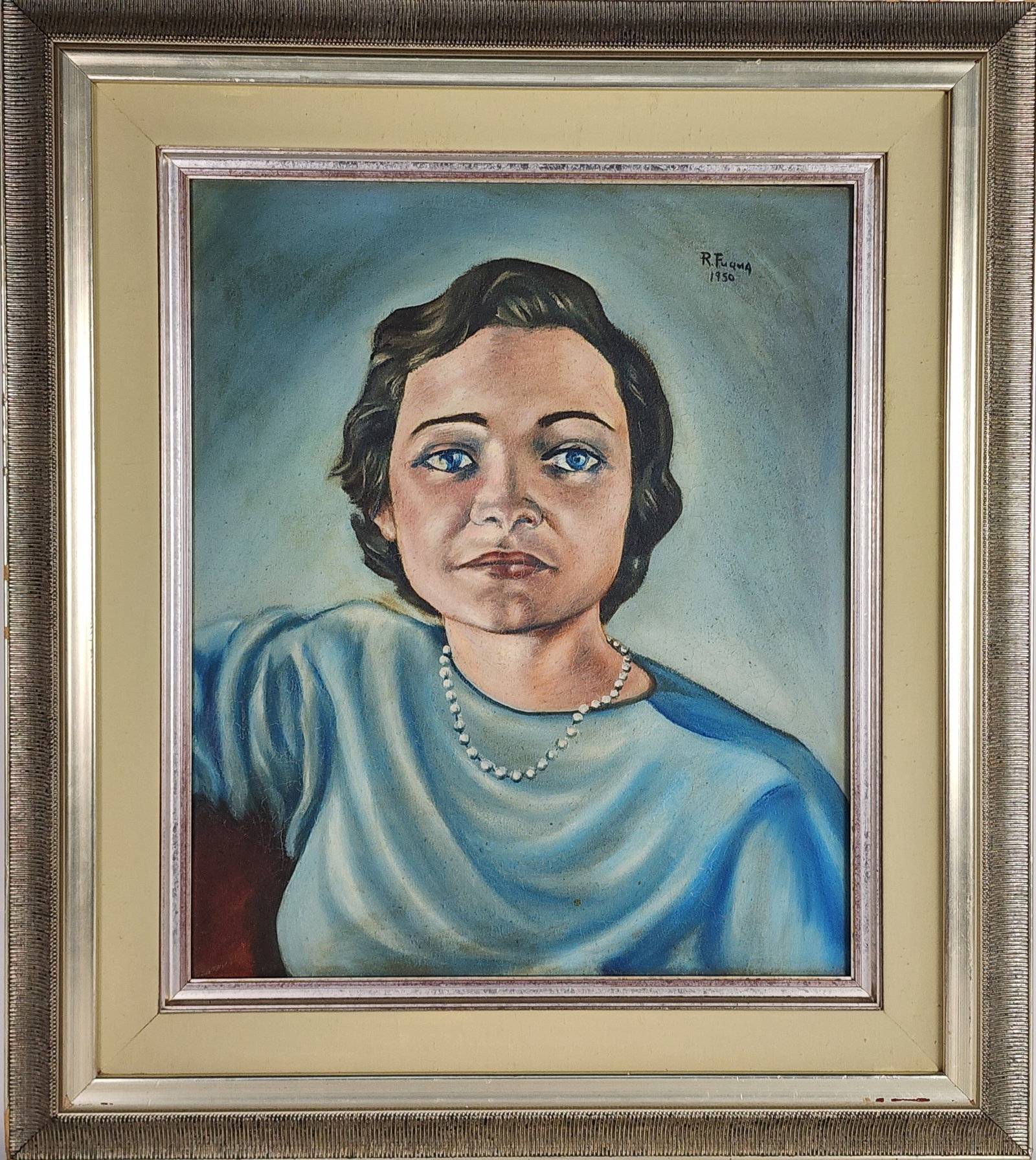 American School (20th Century) Portrait of a Lady with Pearl Strand, Signed R. Fuqua and dated 1950: American School (20th Century) Portrait of a Lady with Pearl Strand, Signed R. Fuqua and dated 1950 upper right, Oil on canvas, 24" x 20", Framed-34 1/4" x 30 1/4"