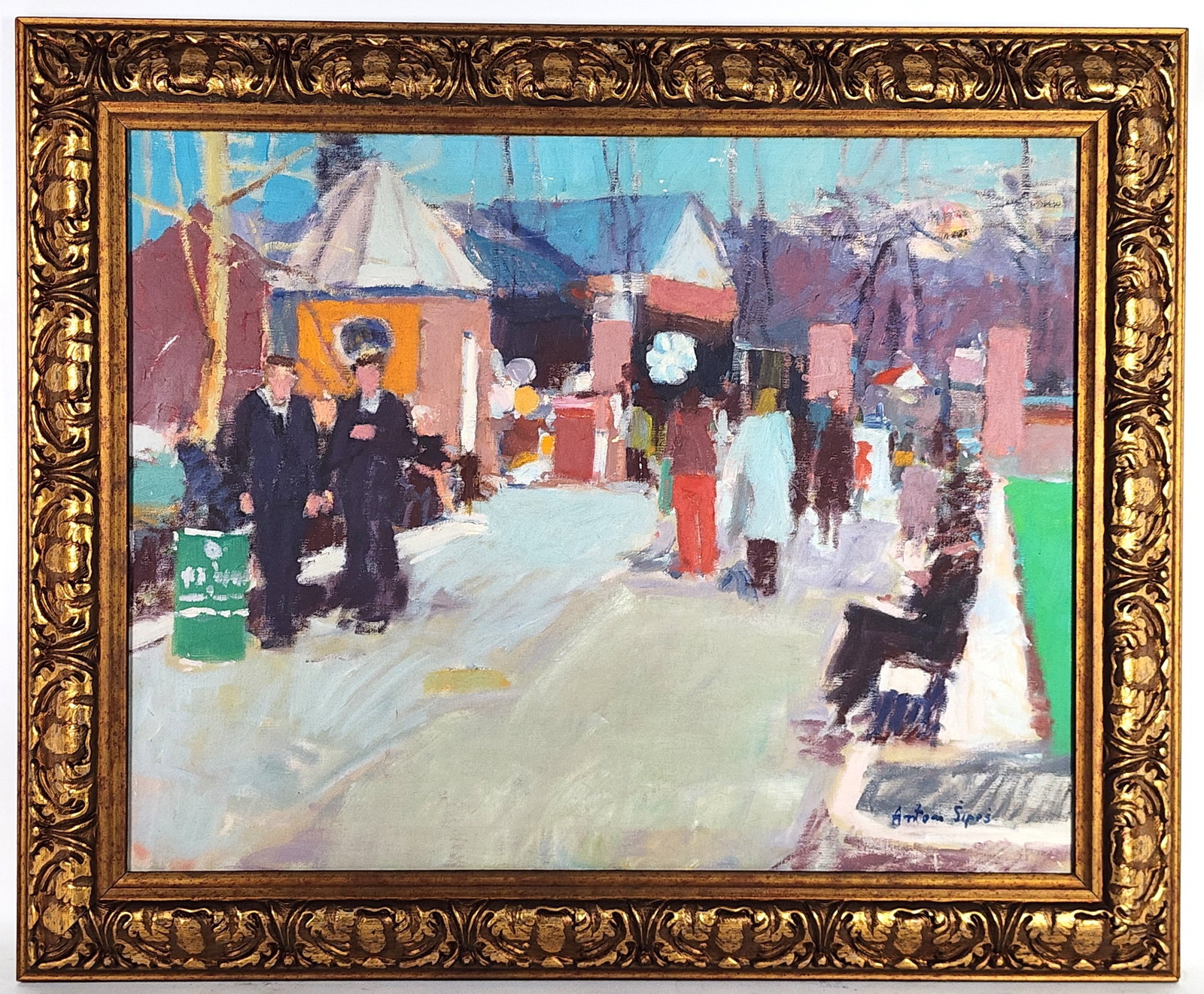 Anton Sipos (Bosnian/American, b. 1938) Street Scene, Signed Anton Sipos lower right, Oil on canvas,: Anton Sipos (Bosnian/American, b. 1938) Street Scene, Signed Anton Sipos lower right, Oil on canvas, 22" x 28", Framed-28" x 34 1/8"