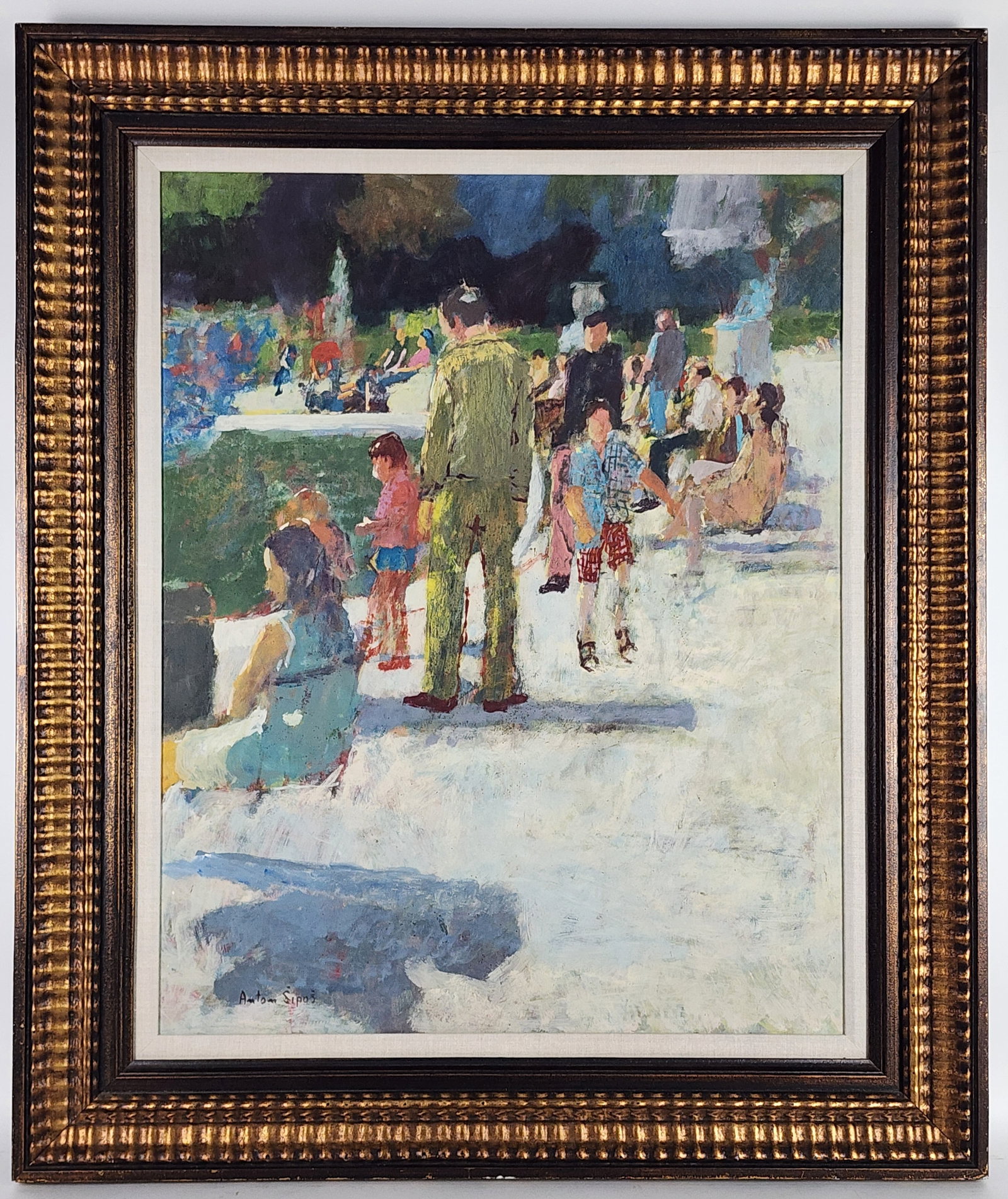 Anton Sipos (Bosnian/American, b. 1938) Park Scene, Signed Anton Sipos lower right, Oil on board,: Anton Sipos (Bosnian/American, b. 1938) Park Scene, Signed Anton Sipos lower right, Oil on board, 30" x 24", Framed-38 1/2" x 32 1/2"