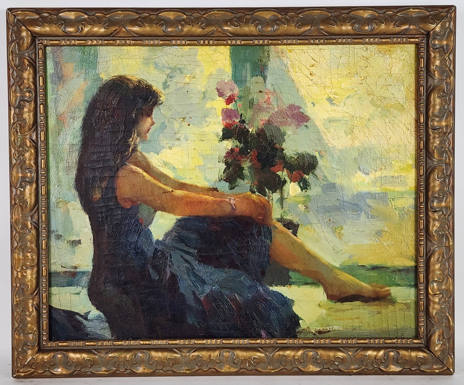A 20th Century Oil on Canvas Painting, Young Woman and Still Life, Back signed A. Robinson, Oil on: A 20th Century Oil on Canvas Painting, Young Woman and Still Life, Back signed A. Robinson, Oil on canvas, 16" x 20", Framed-19 5/8" x 23 5/8", canvas has scattered crazing.