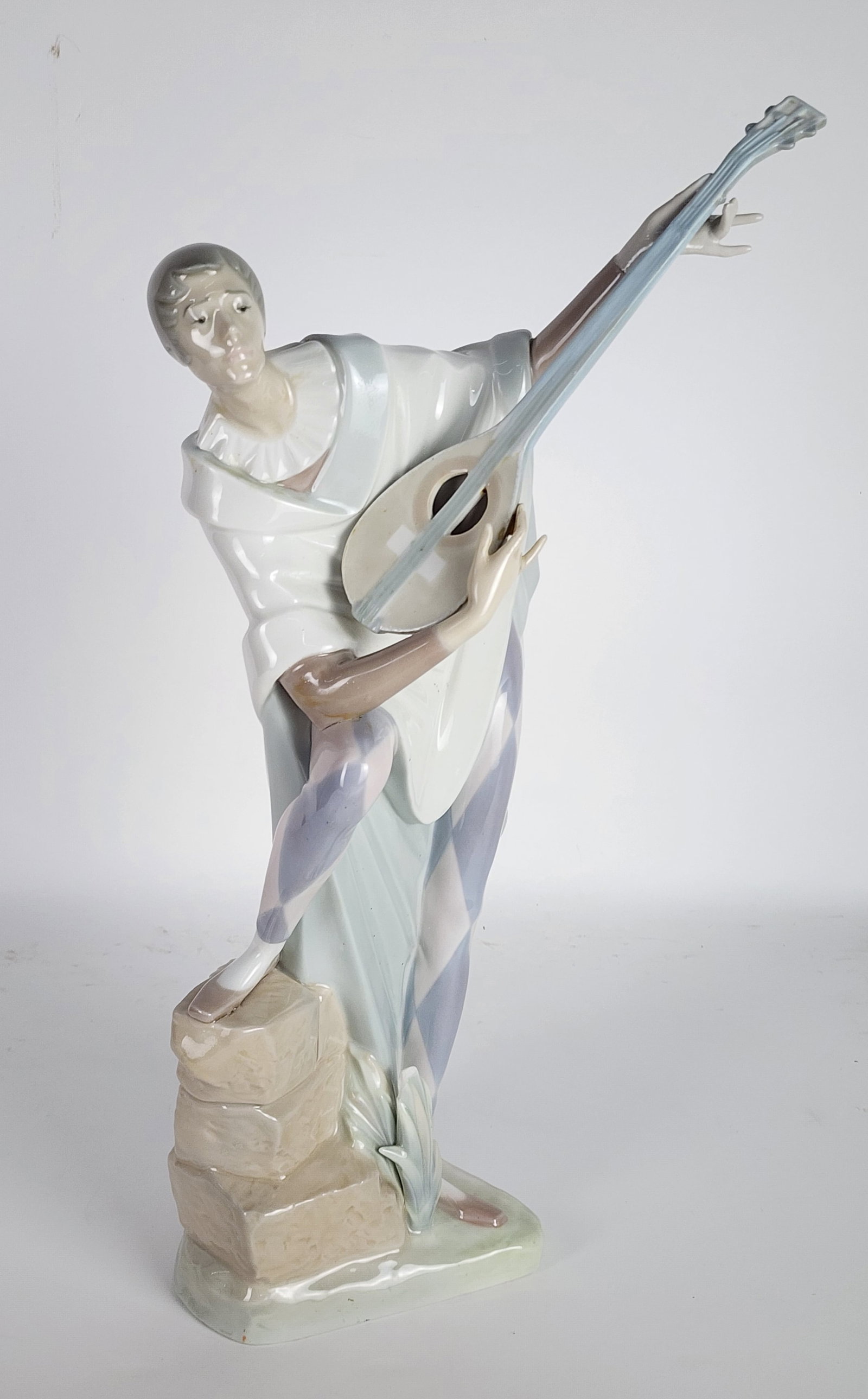 Lladro Porcelain Figure of a Jester with Mandolin, underside marked, 19" h. 7 1/2" w., has repairs (1 of 6)