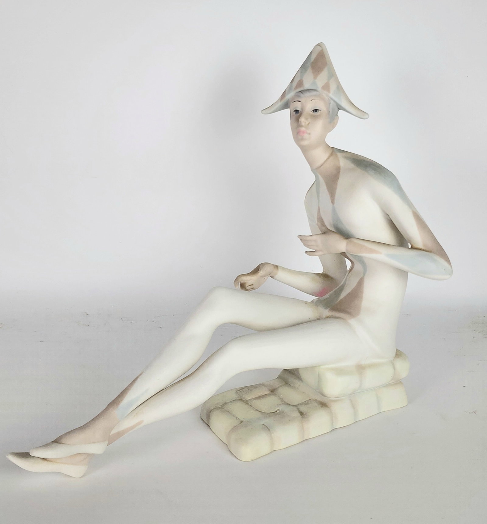 Spanish Bisque Porcelain Figure Harlequin with Mandolin, 12 1/2" h. 14" w. 6 1/2" d., has repair to (1 of 6)