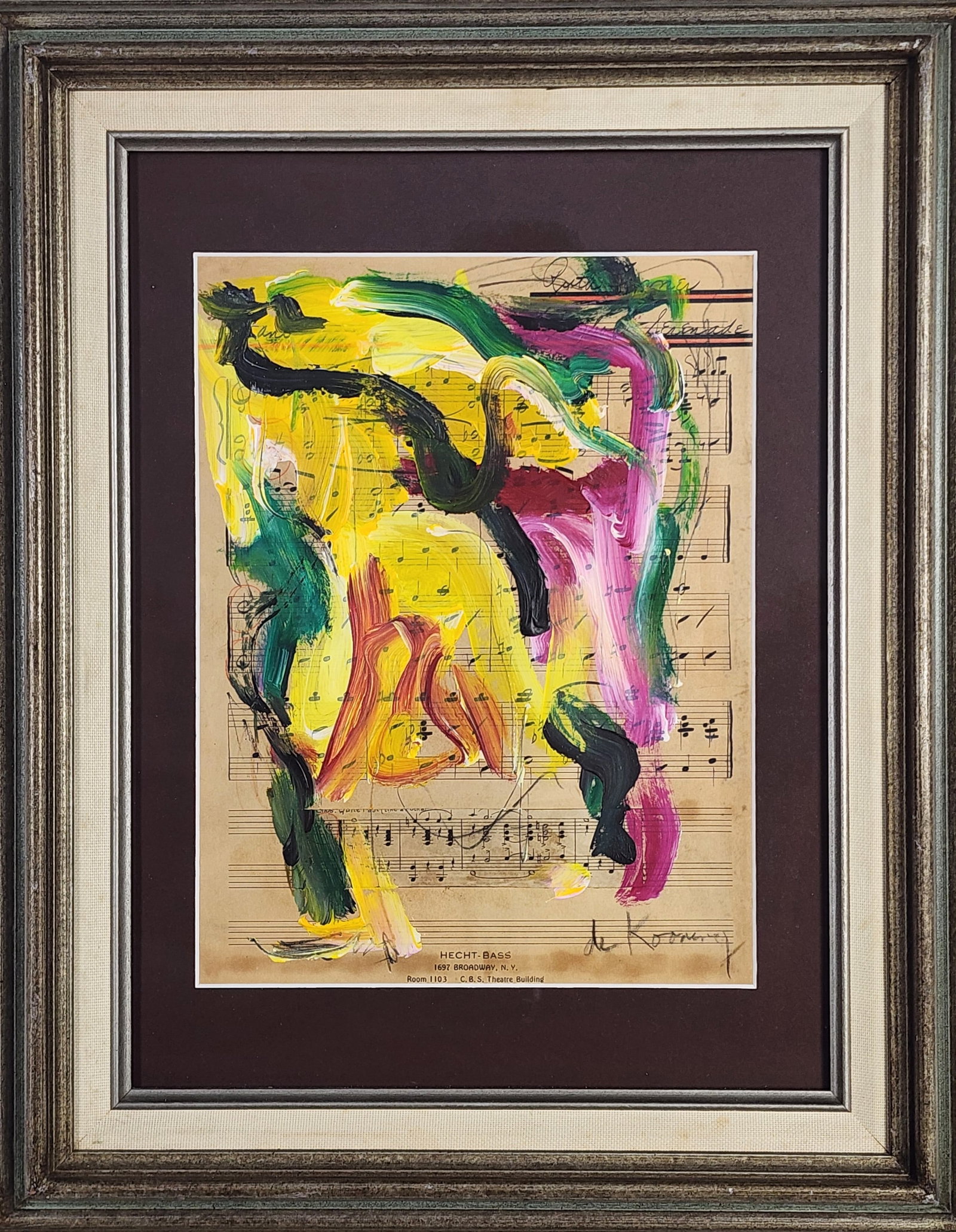 Willem De Kooning (Dutch, 1904-1997) Attributed to, Untitled, Signed de Kooning in pencil lower: Willem De Kooning (Dutch, 1904-1997) Attributed to, Untitled, Signed de Kooning in pencil lower right, Oil on Sheet Music, Sight-12" x 9 1/4", Framed-20 3/4" x 16 3/4"