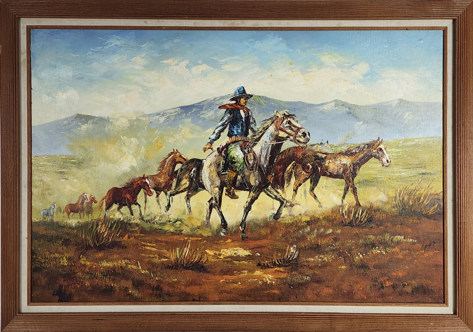 A 20th Century Oil on Canvas Painting, Cowboy on Horseback with Wild Horses, Signed Ryder lower: A 20th Century Oil on Canvas Painting, Cowboy on Horseback with Wild Horses, Signed Ryder lower right, 24" x 36", Framed-29" x 41 1/4"
